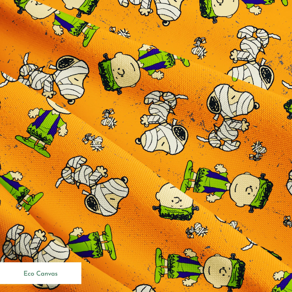 Peanuts characters pattern on orange background with Charlie Brown, Snoopy, and friends scattered throughout springs ecocanvas texture