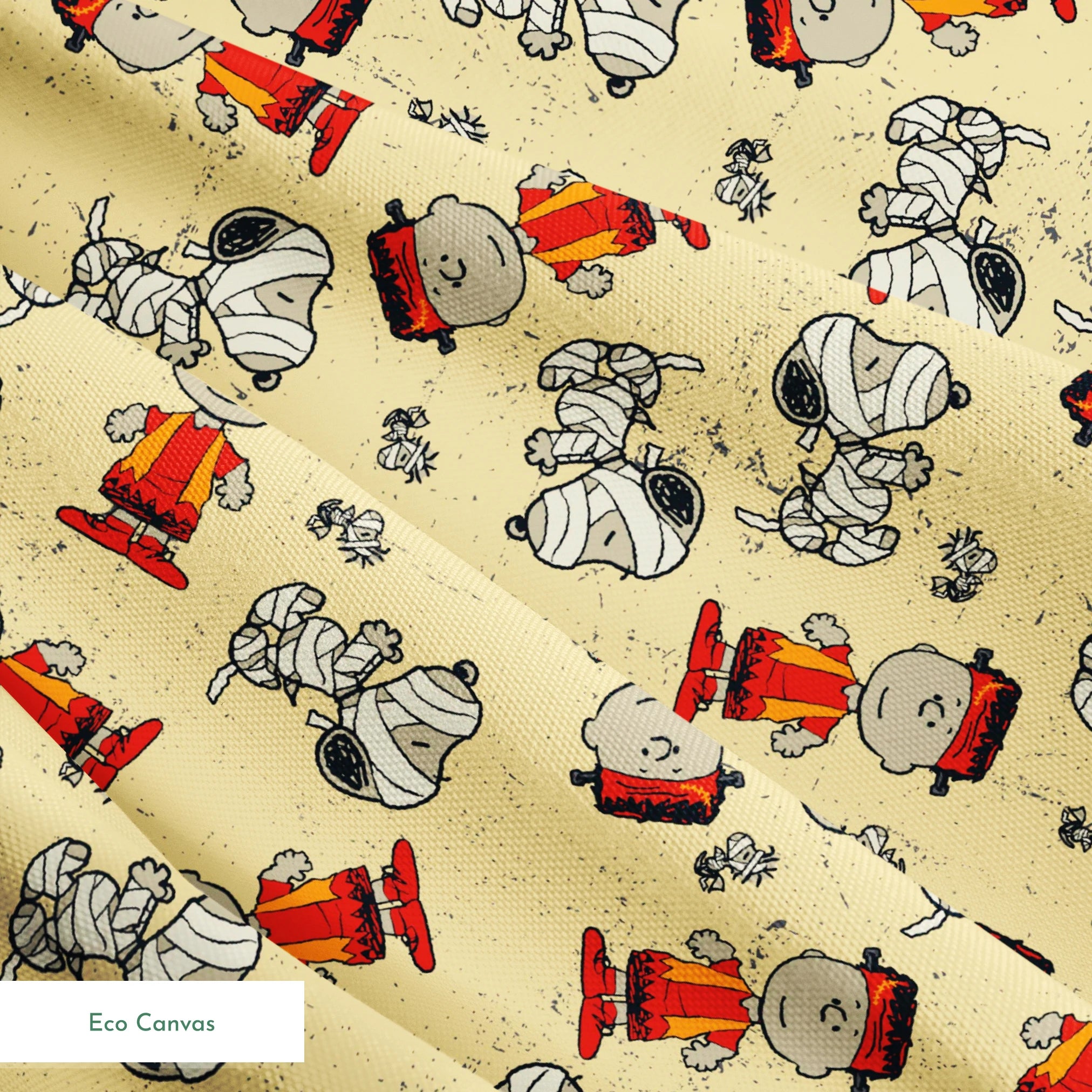Peanuts characters pattern with Charlie Brown and Snoopy in halloween attire on beige background springs ecocanvas texture