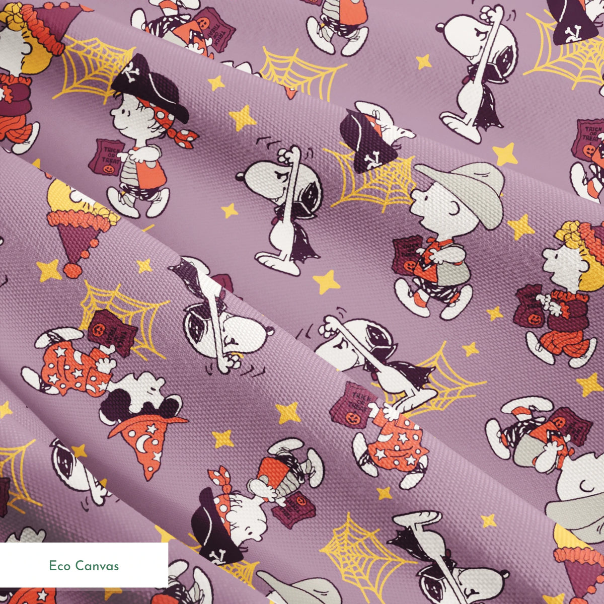 Snoopy and Peanuts characters in fall outfits with pumpkins and stars on purple background springs ecocanvas texture