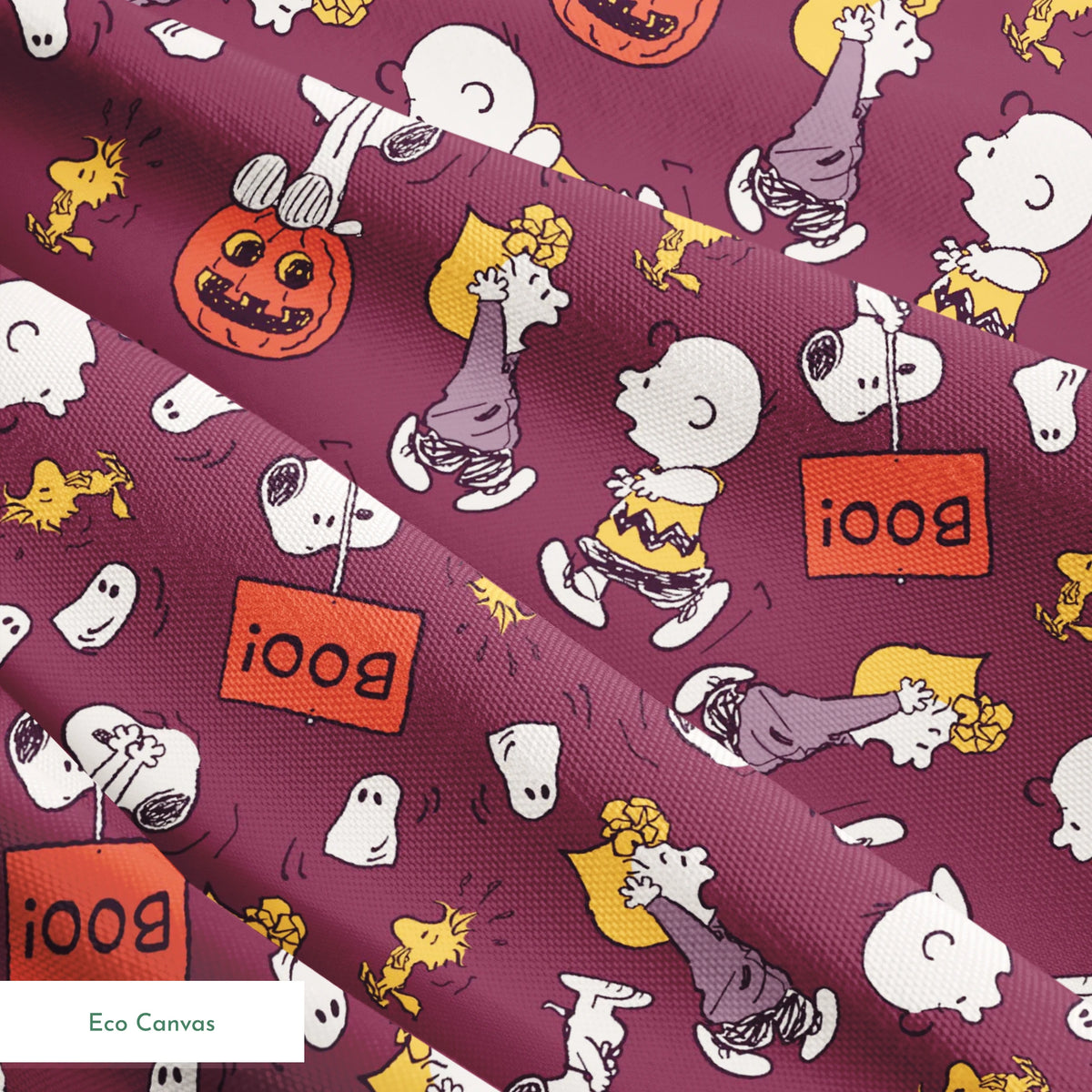 Snoopy and Woodstock Halloween pattern on purple background with pumpkins, ghosts, and "boo!" text springs ecocanvas texture