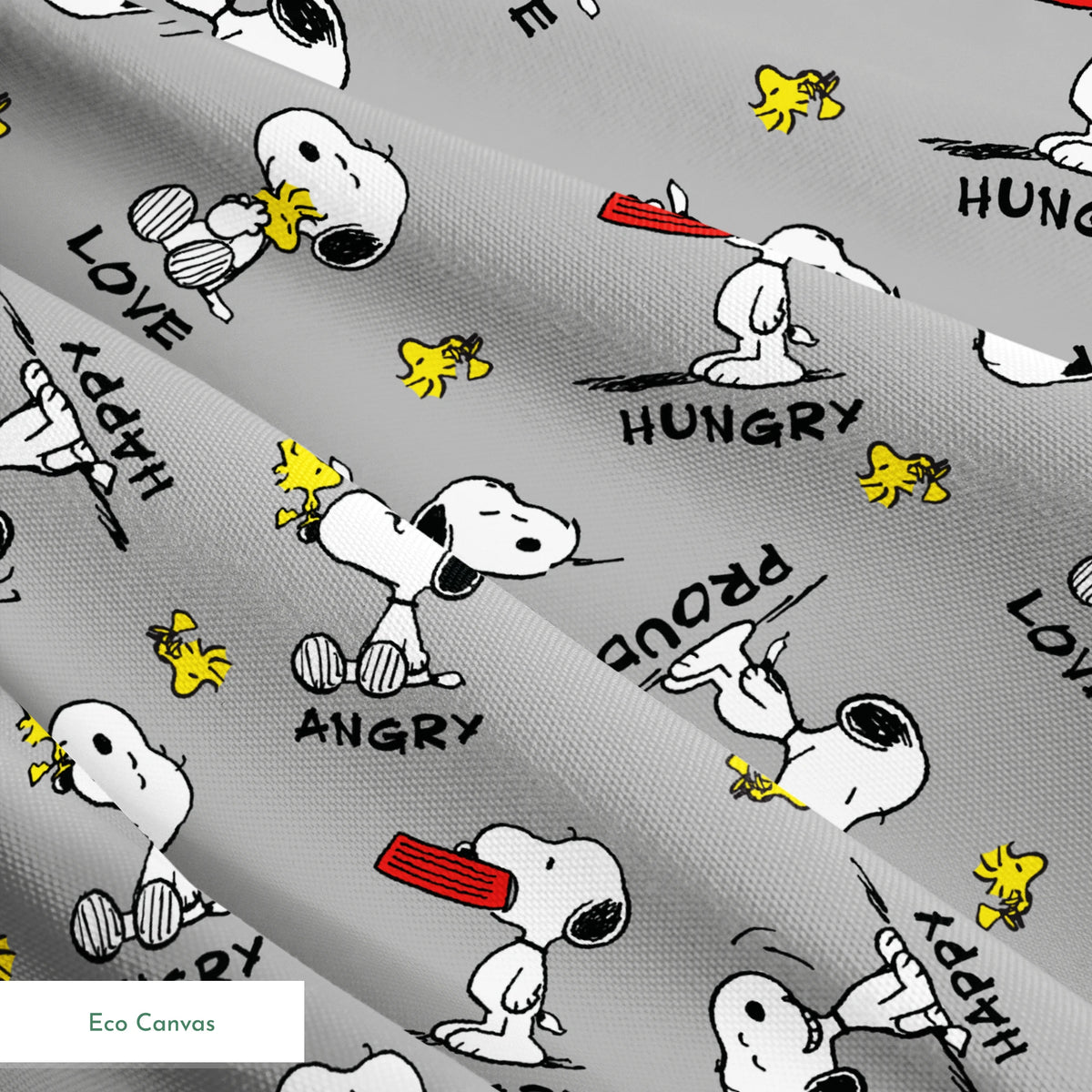 Snoopy cartoon pattern on gray background with emotions like "Hungry" and "Love" with Woodstock springs ecocanvas texture
