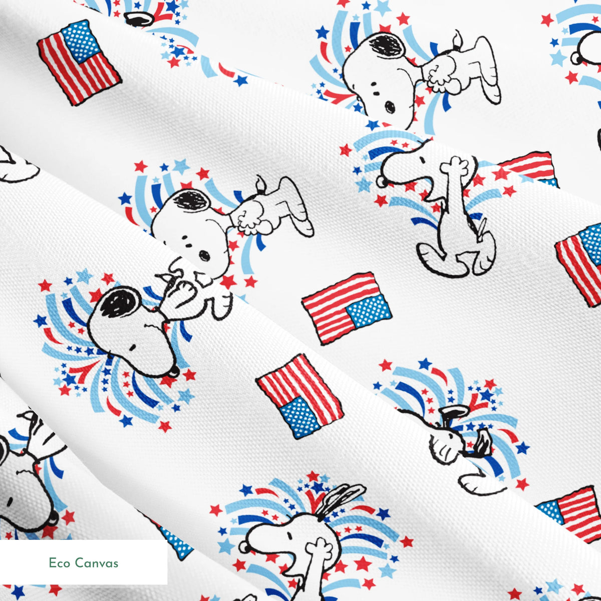 Snoopy with red and blue fireworks pattern alongside American flags on white background springs ecocanvas texture