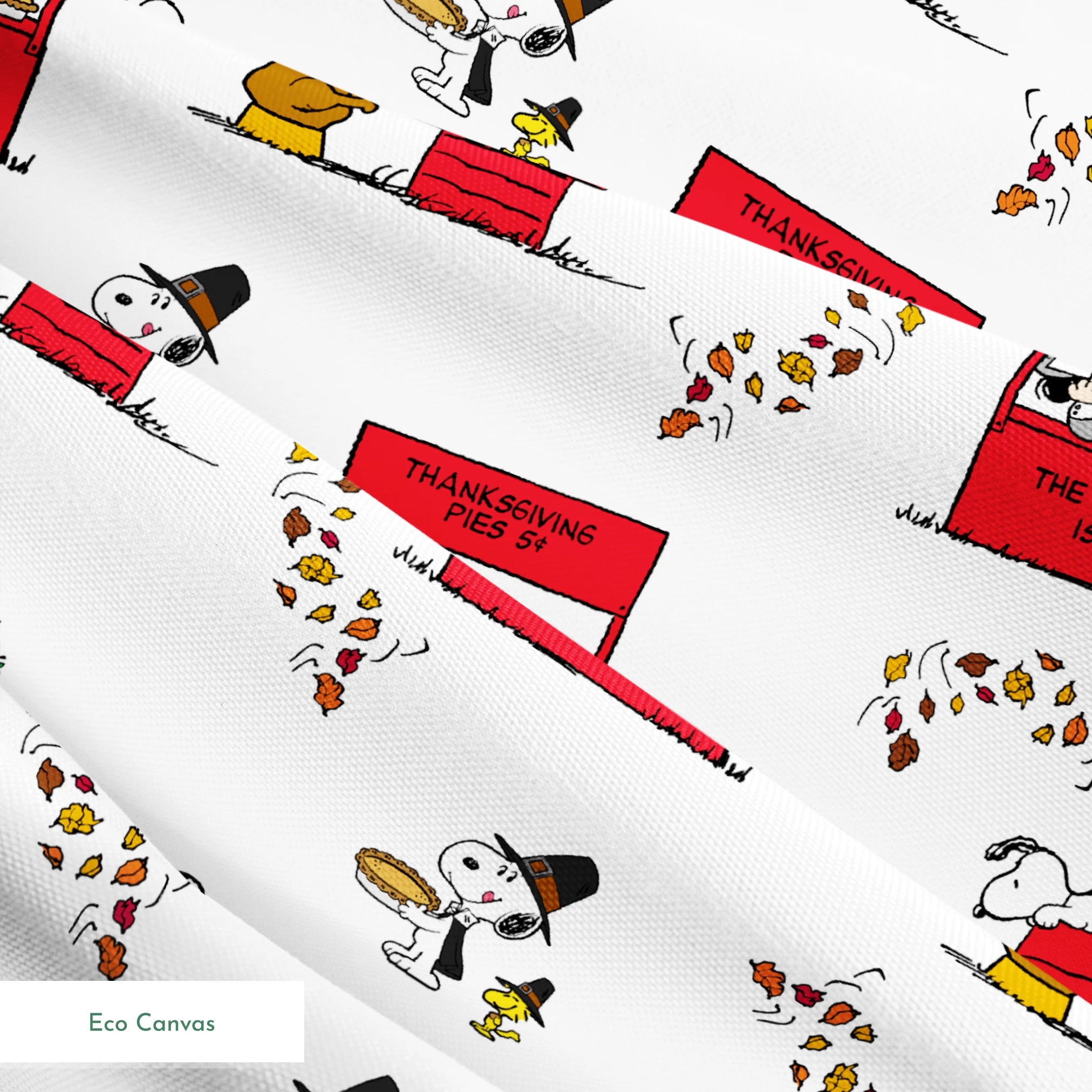 Peanuts Thanksgiving pattern with Snoopy, red booths, doghouses, and falling autumn leaves on white background springs ecocanvas texture