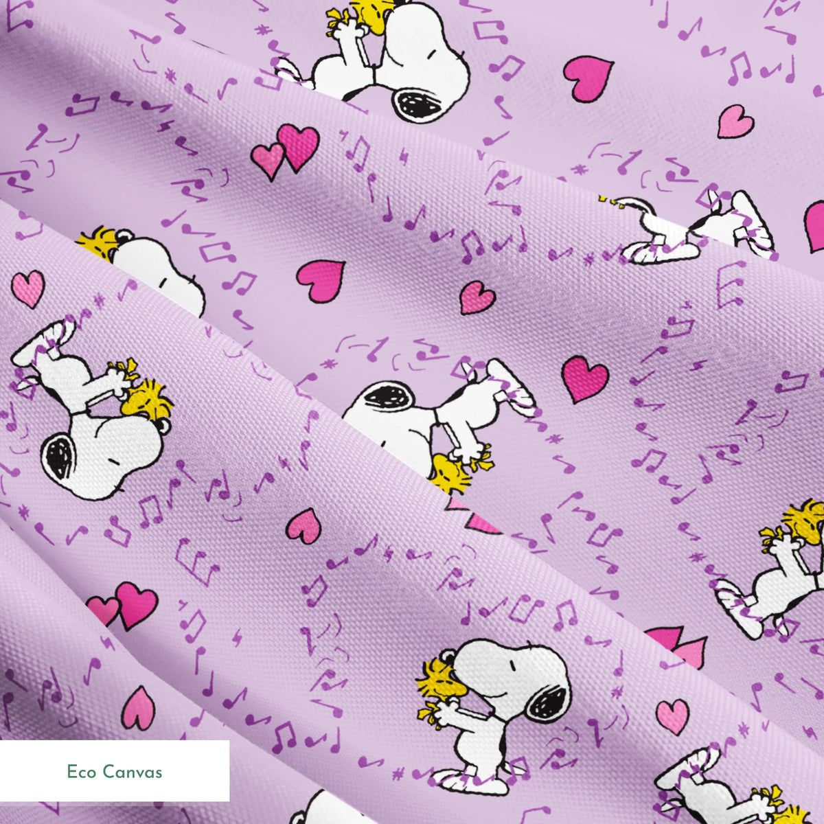 Snoopy and Woodstock on purple background with pink hearts and music notes springs ecocanvas texture