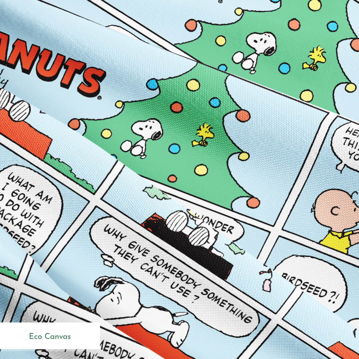 This is a Peanuts comic strip featuring Snoopy on his red doghouse with a Christmas tree visible. The panels show Snoopy preparing and decorating his doghouse for the holidays, with his yellow bird friend Woodstock appearing in a nest with Christmas lights. springs ecocanvas texture