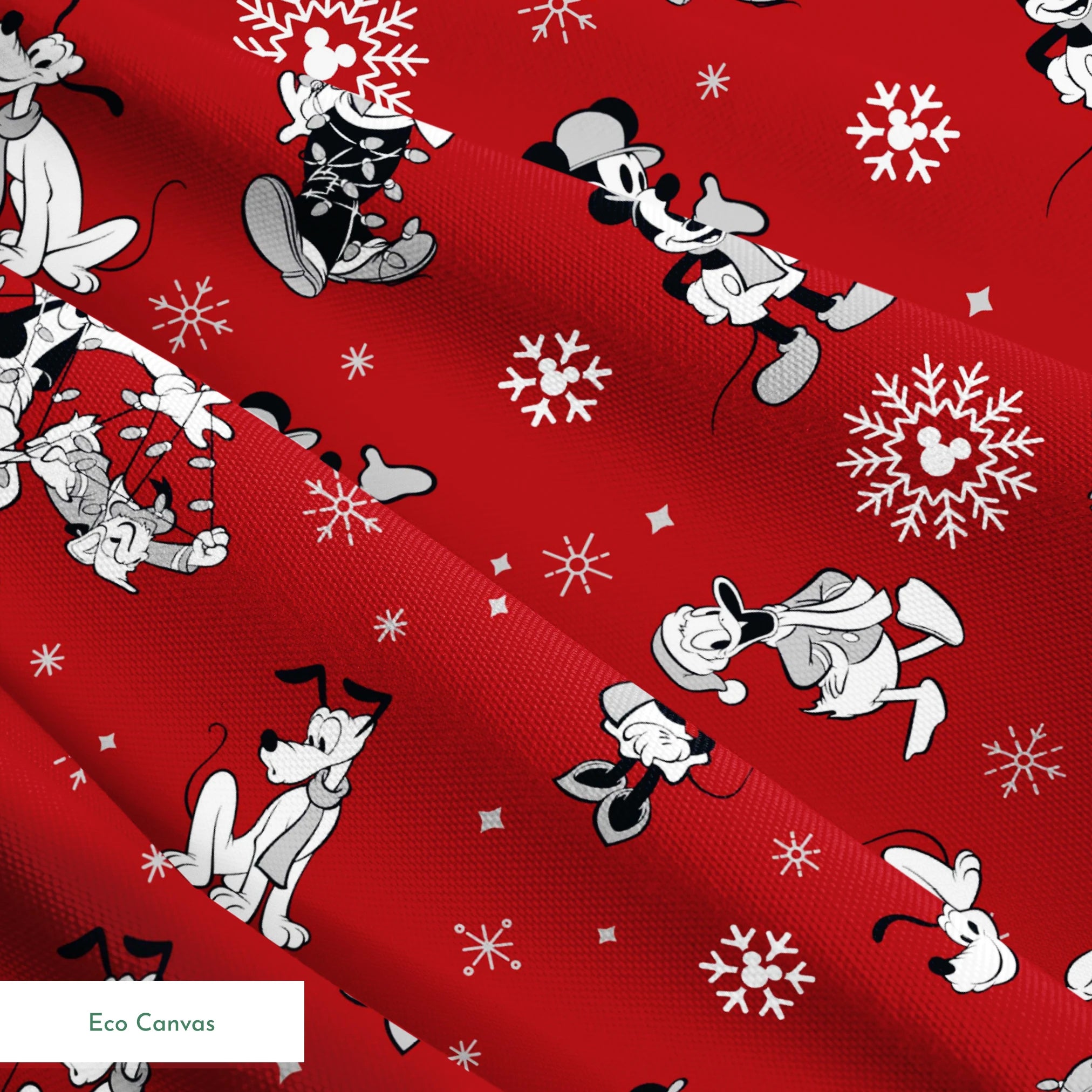 Christmas pattern with Disney characters and snowflakes on red background springs ecocanvas texture
