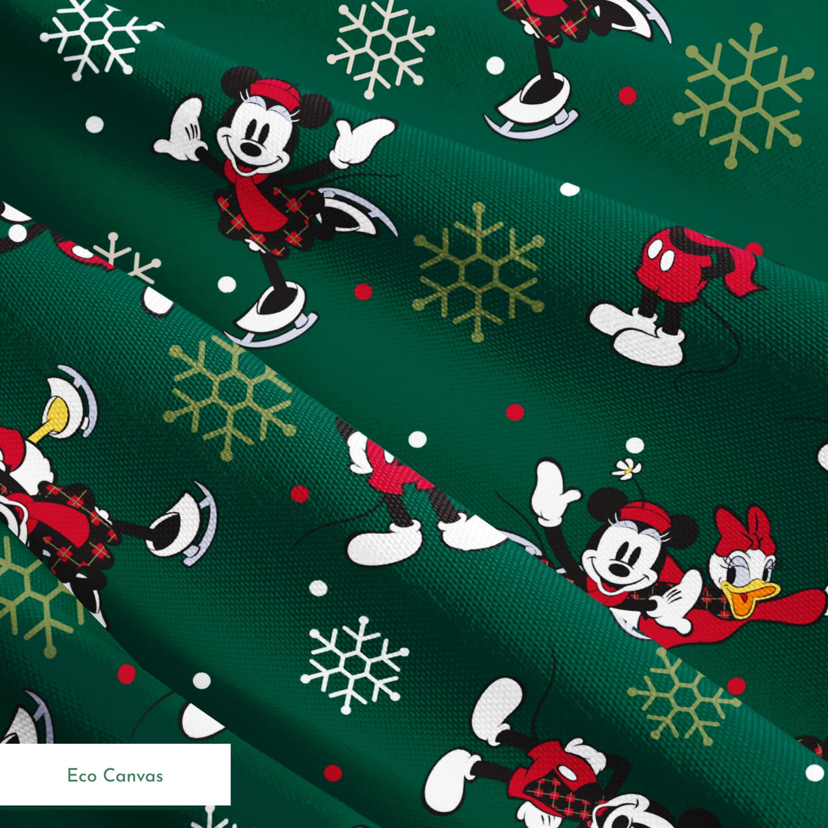 Mickey Mouse Christmas pattern with cartoon characters in winter outfits on green background with snowflakes springs ecocanvas texture