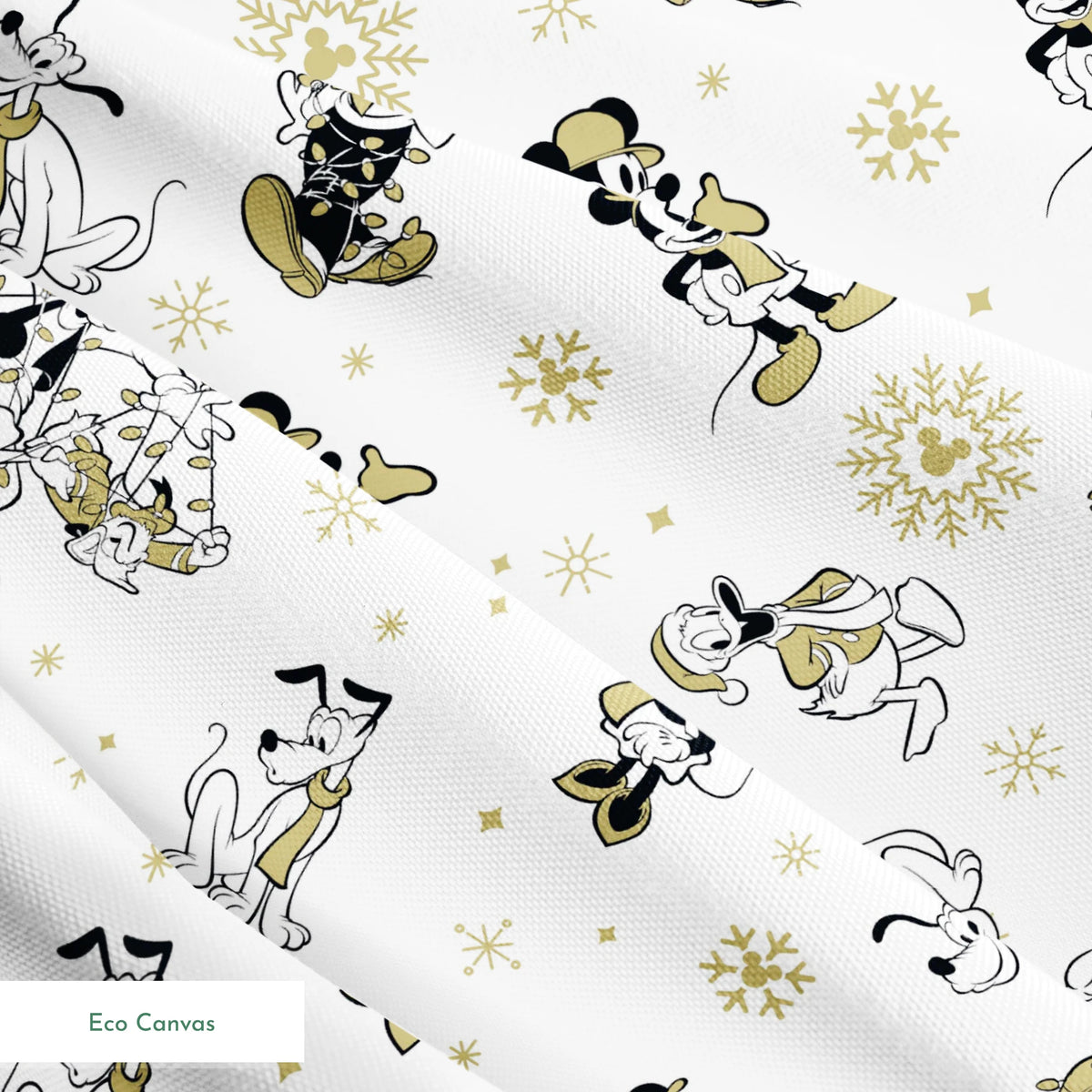 Vintage Disney characters pattern with Mickey, Minnie and Pluto on white background with gold snowflakes springs ecocanvas texture