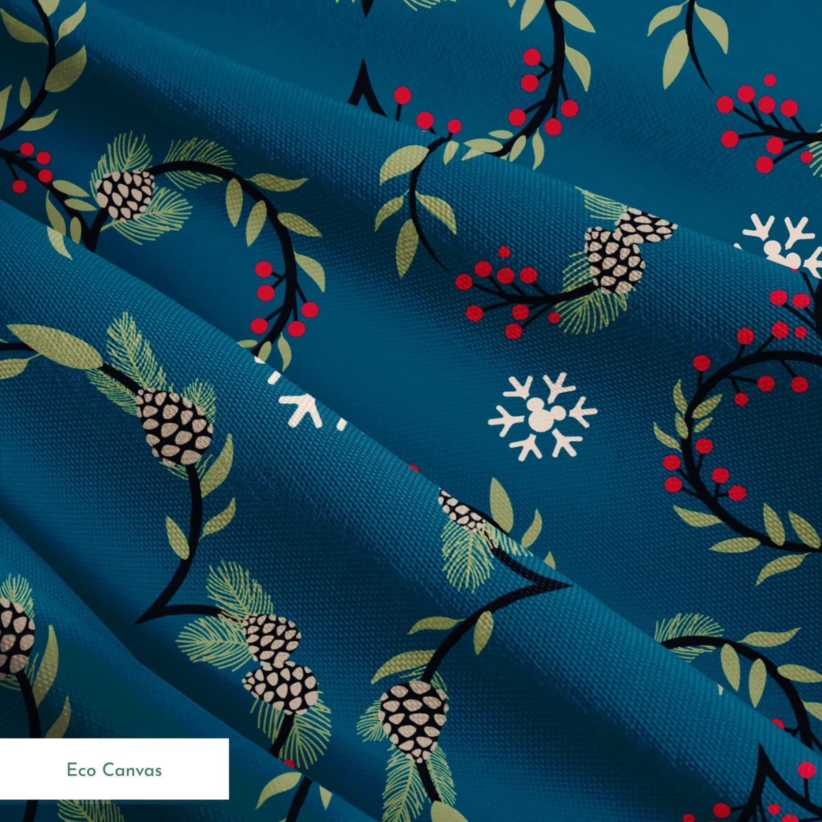 Holiday pattern with circular wreaths, white snowflakes, and botanical elements on teal background springs ecocanvas texture