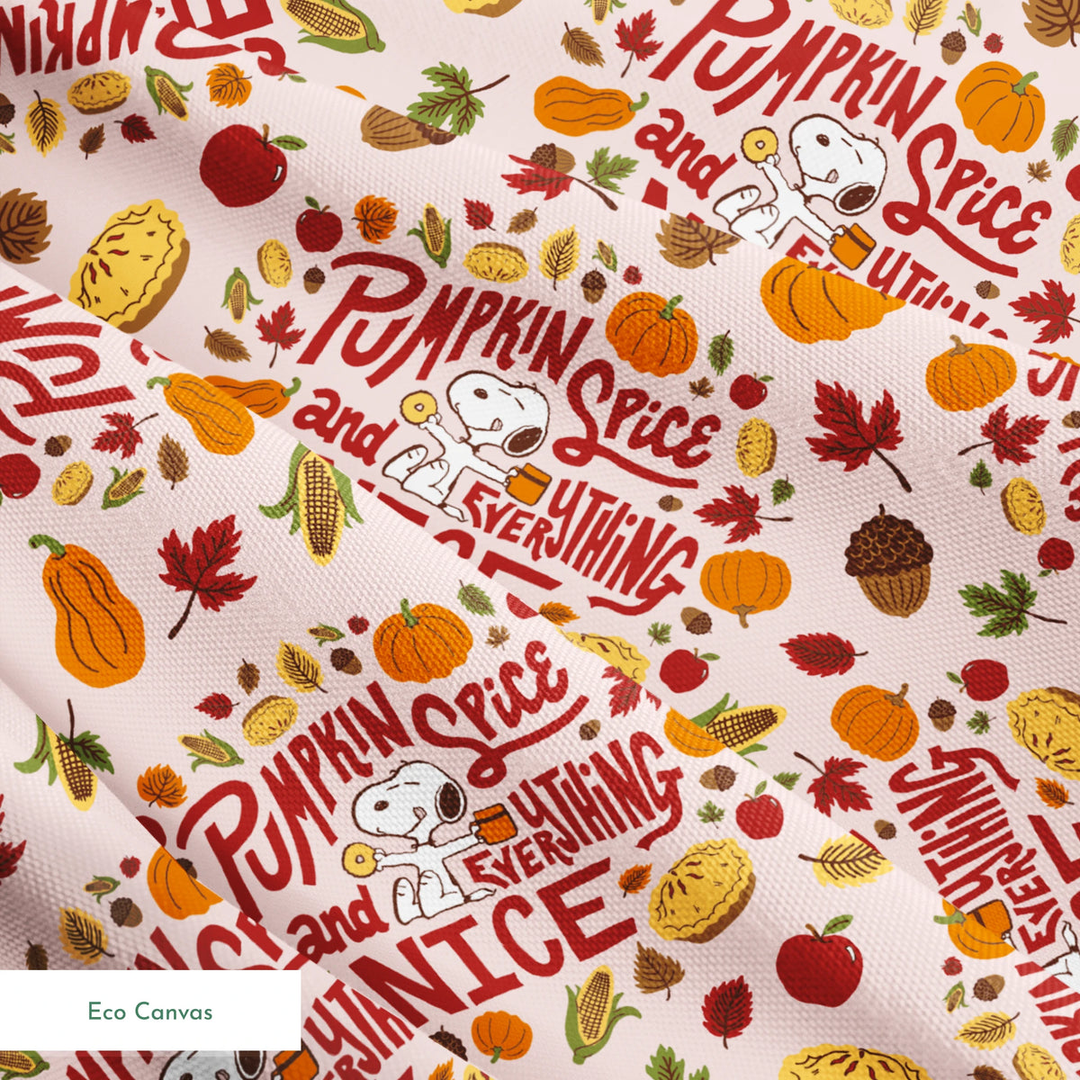 Fall Peanuts pattern with pumpkin spice phrases, autumn leaves, pumpkins, pine cones and Snoopy characters on a beige background springs ecocanvas texture