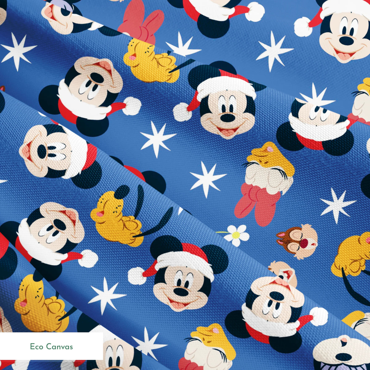 Mickey Mouse Christmas pattern with Santa hats, cupcakes and snowflakes on blue background springs ecocanvas texture