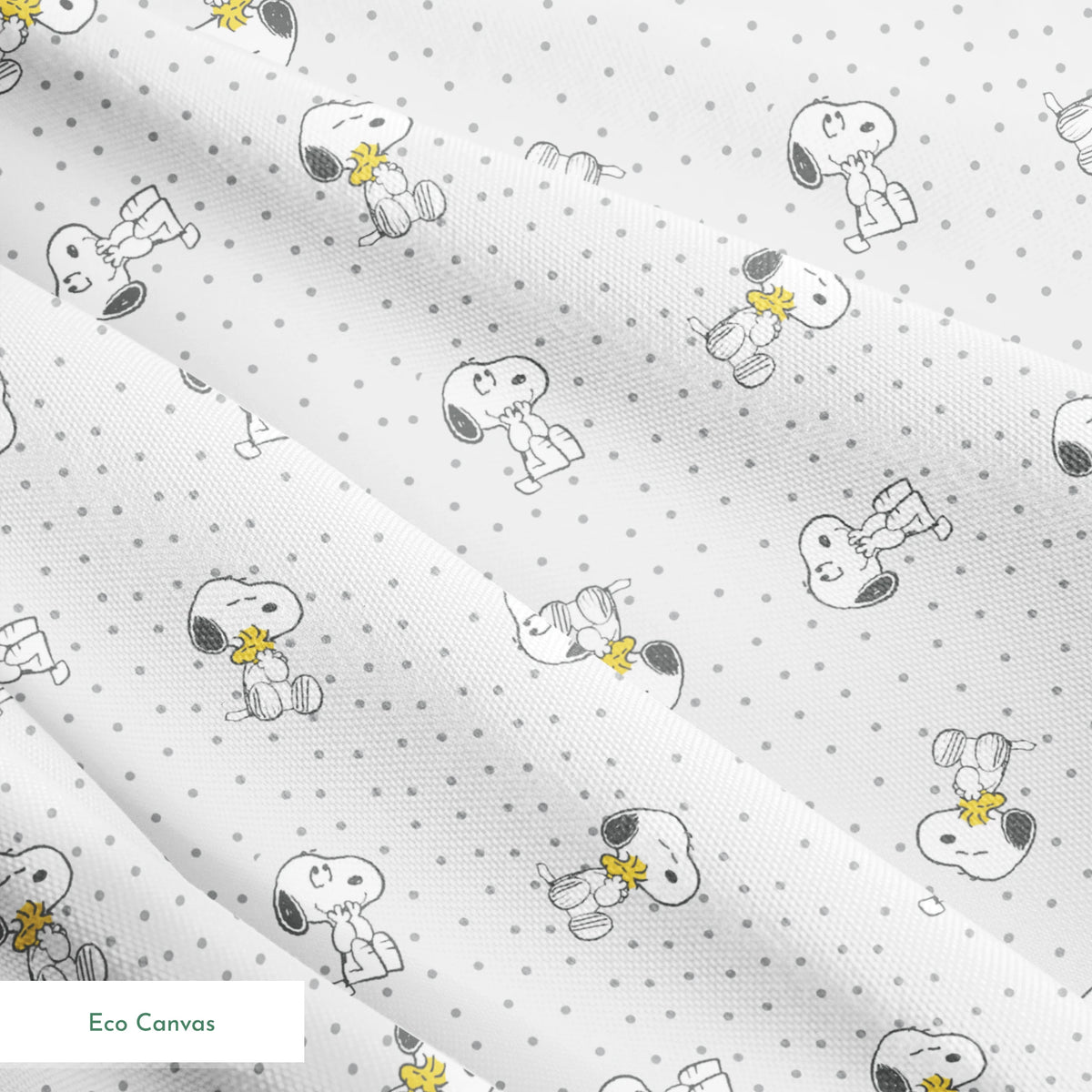Snoopy and Woodstock on polka dot background in a repeating pattern springs ecocanvas texture