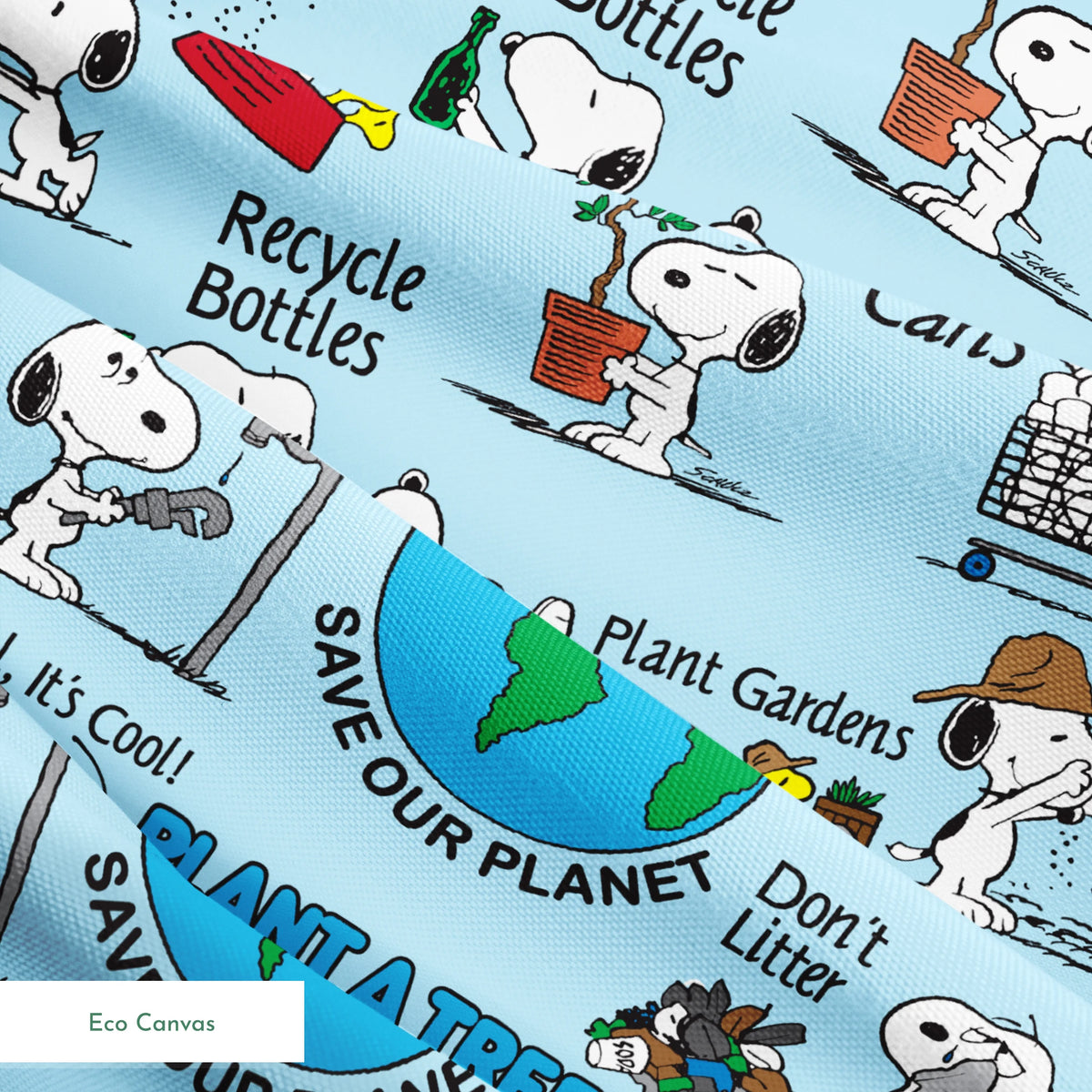 Snoopy cartoon dog in environmental scenes with Earth graphic and eco-friendly messages like "Plant a Tree" and "Recycle springs ecocanvas texture