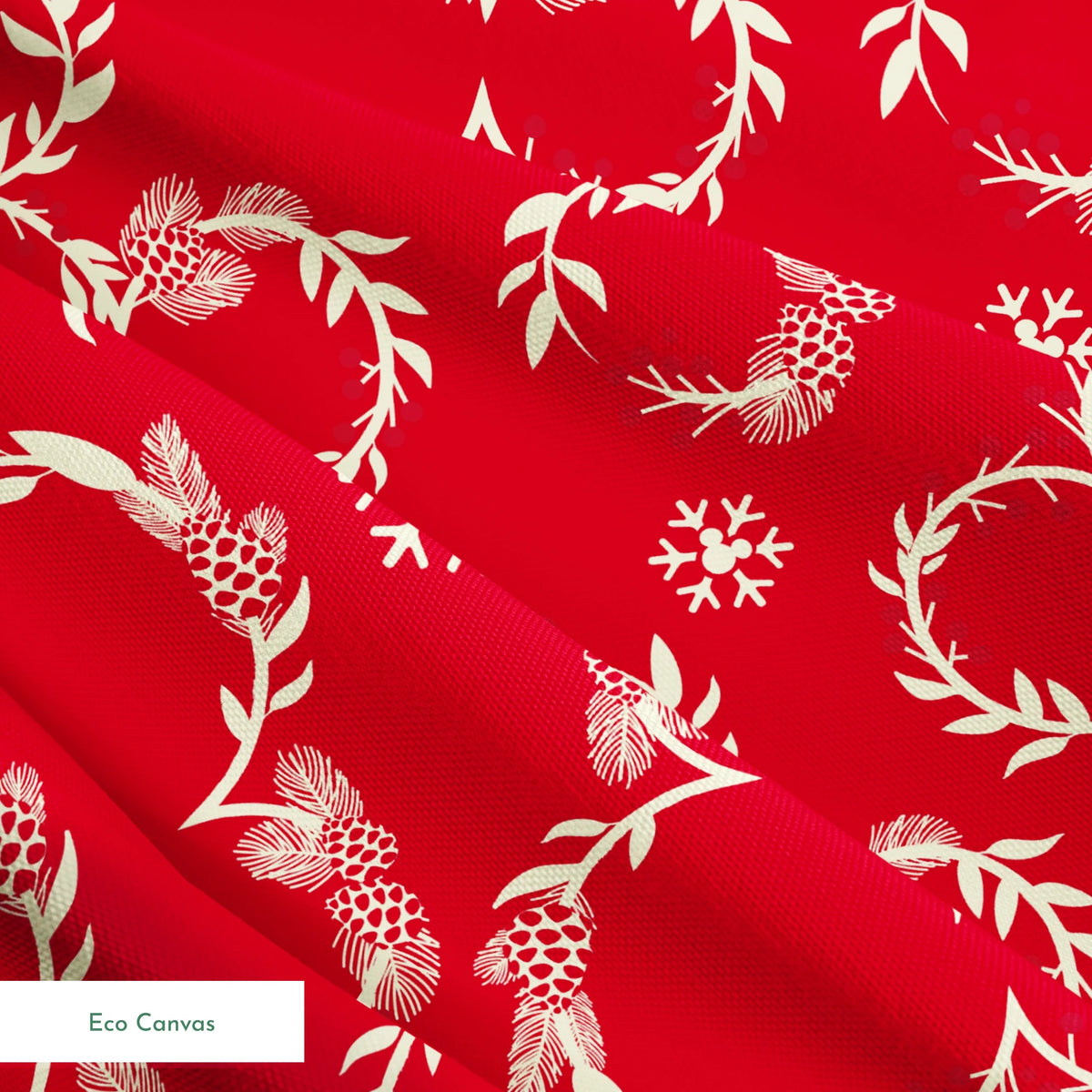 Festive red background with white floral wreaths, pine cones, and snowflake patterns springs ecocanvas texture