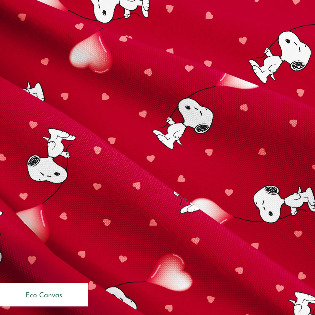 Snoopy scattered on red background with pink and white hearts pattern springs ecocanvas texture