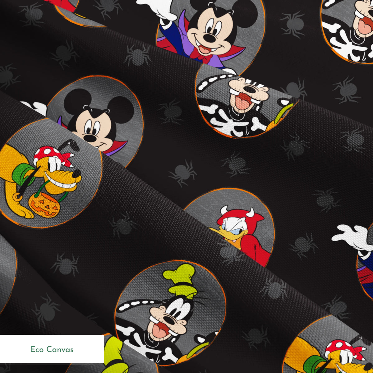 Disney characters in Halloween costumes on black background with spider pattern. Mickey as vampire, Donald with pumpkin, Pluto with candy. springs ecocanvas texture