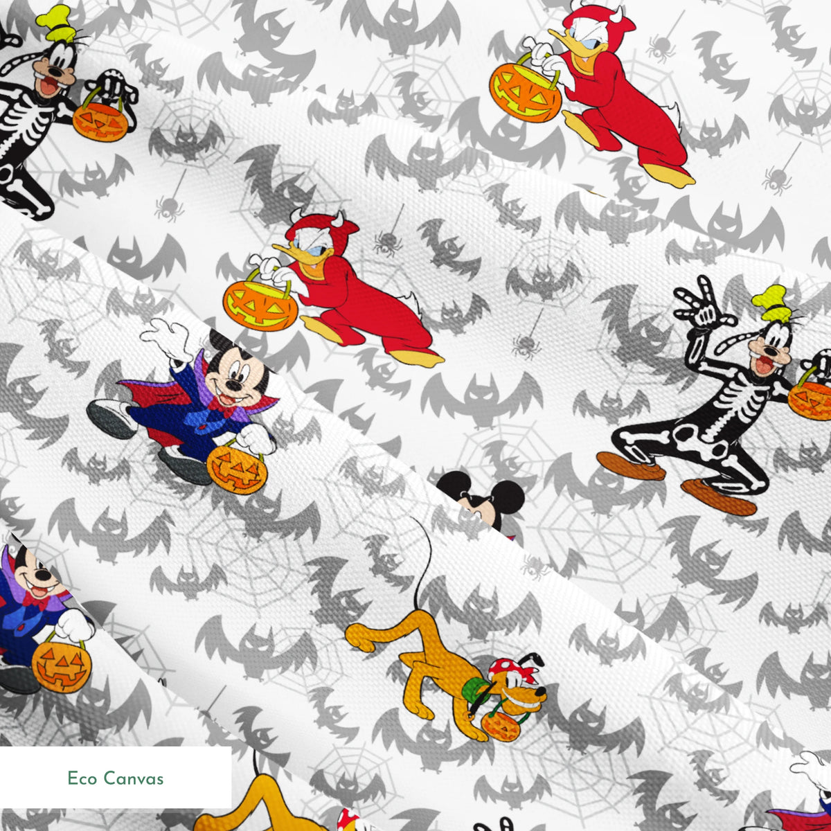 Disney cartoon characters in Halloween costumes with pumpkins on bat pattern background springs ecocanvas texture