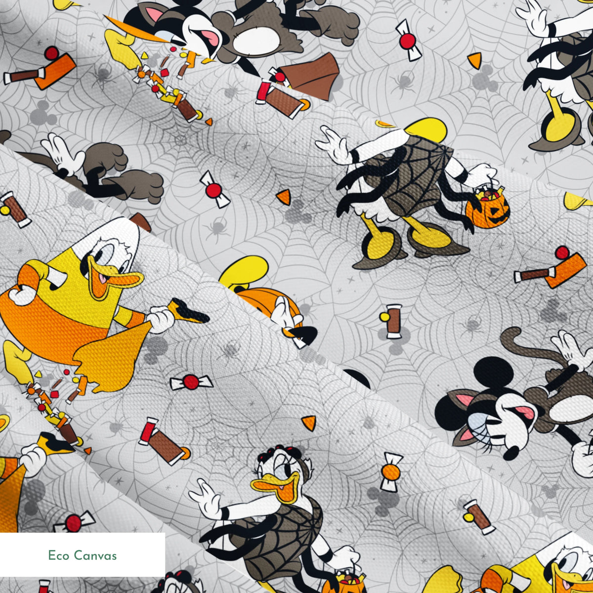 Disney characters on gray spider web pattern with candy corn scattered throughout, Halloween themed design. springs ecocanvas texture