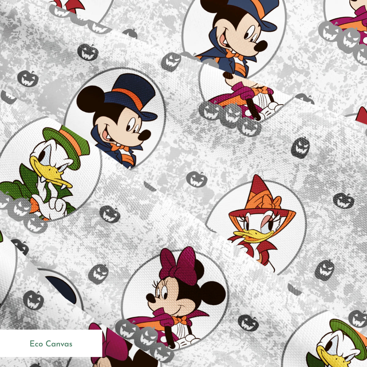Disney Halloween pattern with Mickey in top hat, Donald in green hat, and Daisy in witch hat on gray background with pumpkins. springs ecocanvas texture