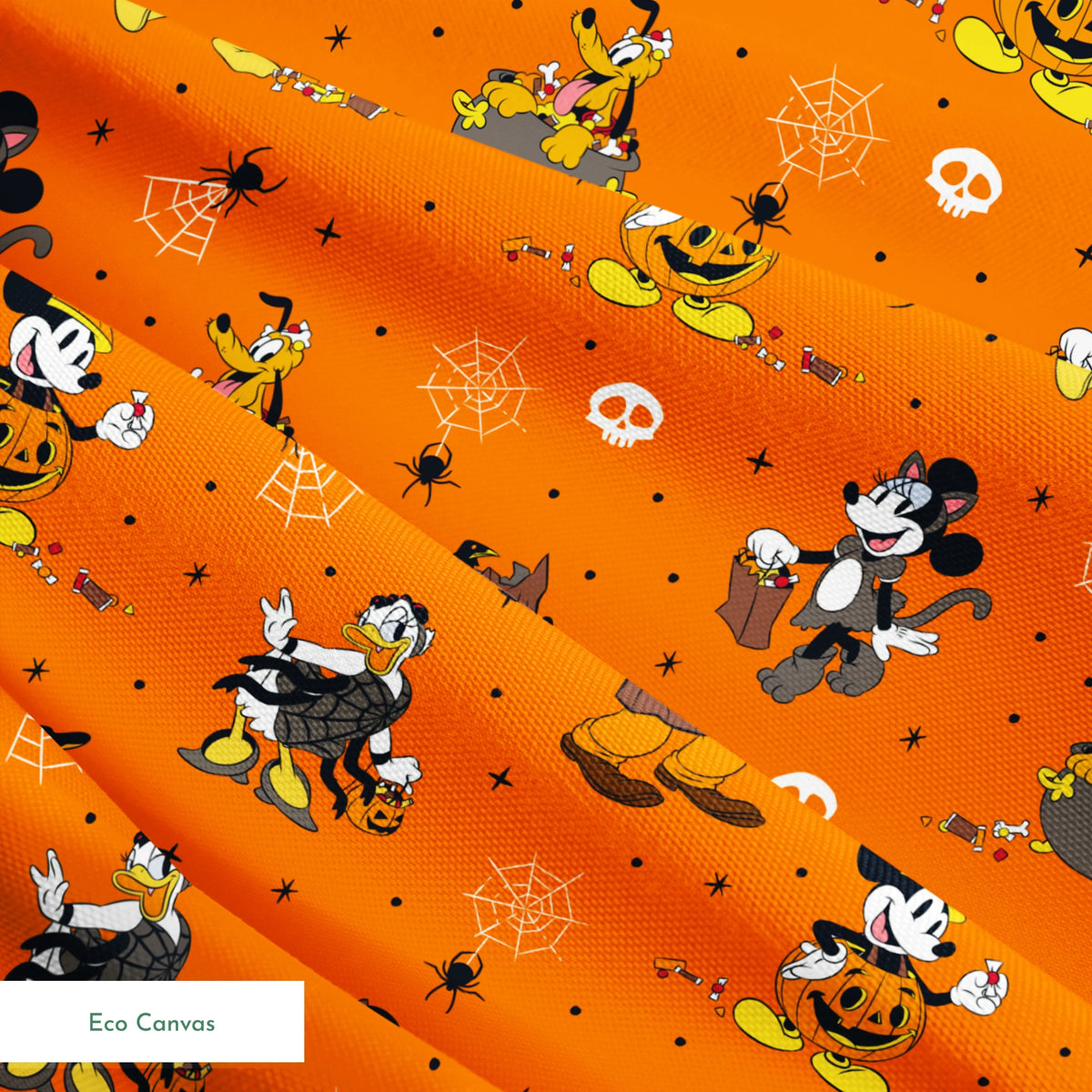 Halloween-themed orange pattern with Disney characters in costumes, spiderwebs, and skulls springs ecocanvas texture
