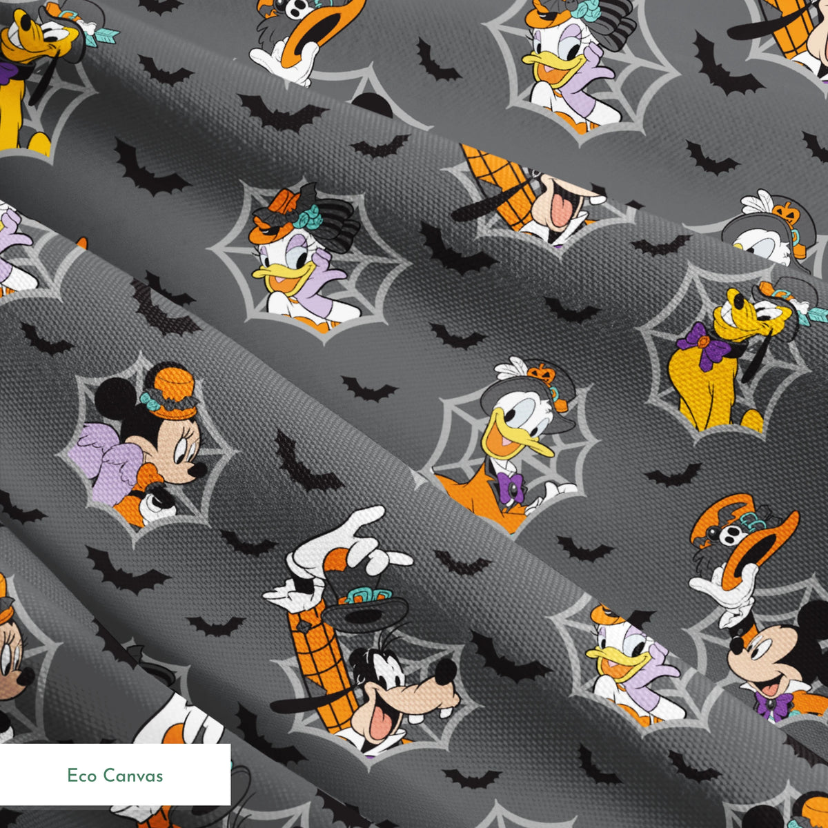 Disney cartoon characters in Halloween costumes on gray background with spider webs and bats springs ecocanvas texture