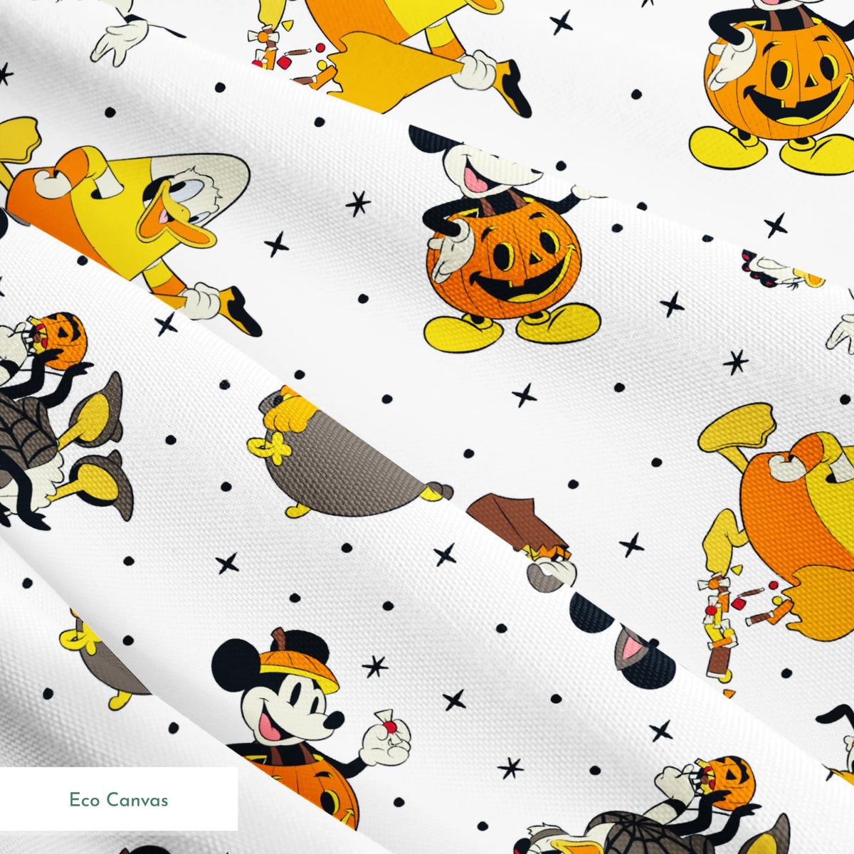 Disney characters in Halloween costumes on white background with stars - Mickey, Pluto, and friends in festive attire springs ecocanvas texture