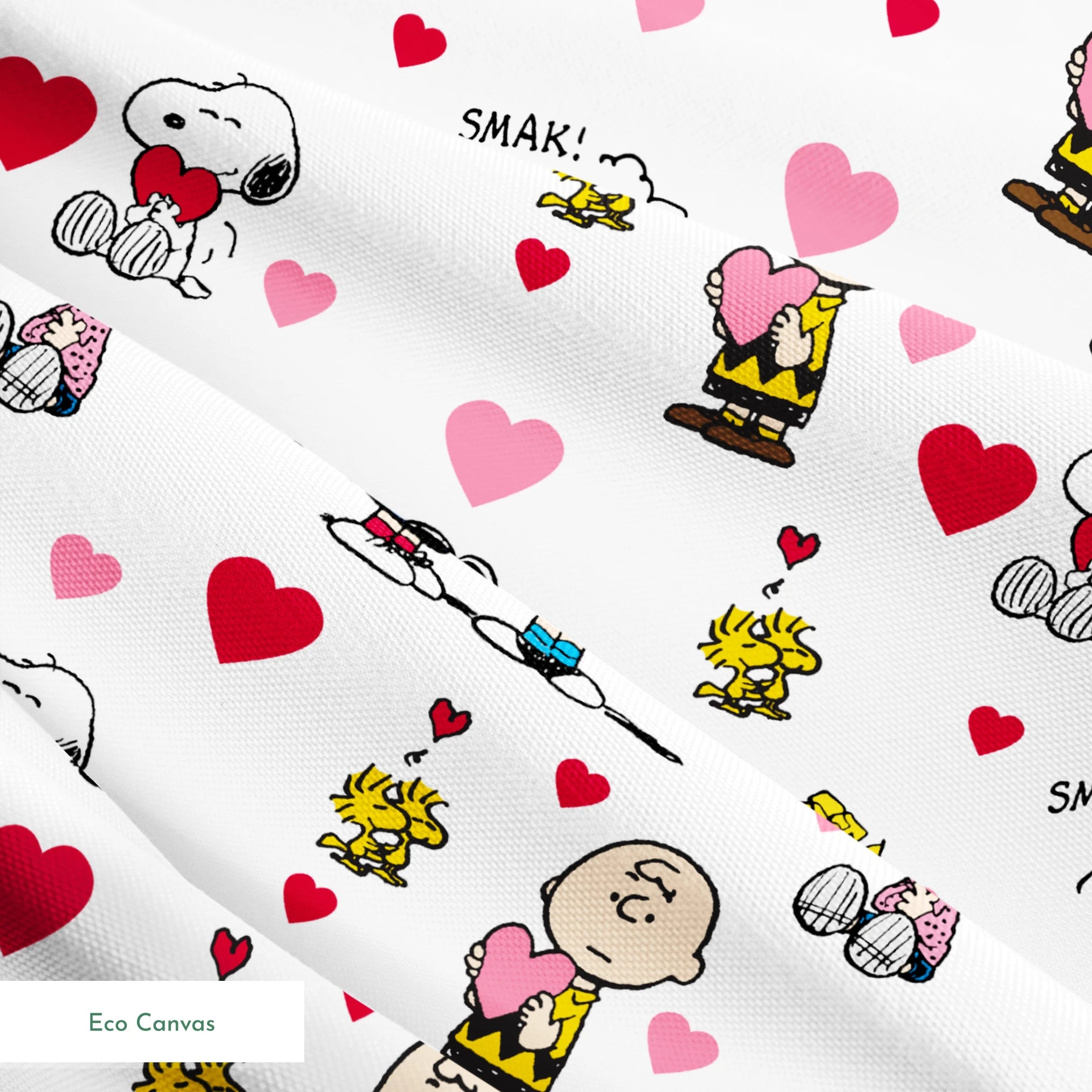 Peanuts cartoon characters with heart motifs, featuring Snoopy, Woodstock, and others in a Valentine's theme springs ecocanvas texture