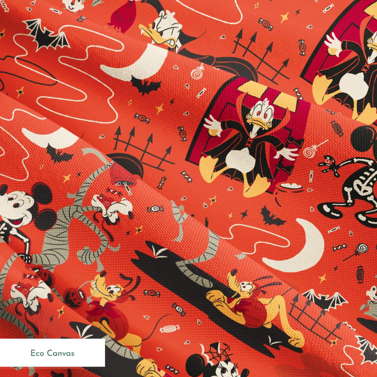 Halloween-themed Disney pattern with Mickey, Minnie, Donald in skeleton costumes on orange background with bats and moons springs ecocanvas texture