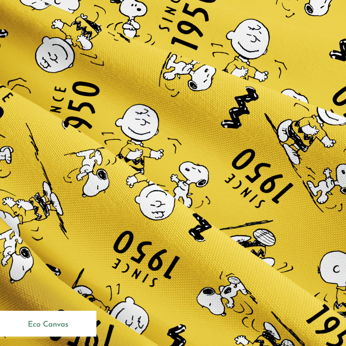 Peanuts cartoon pattern on yellow background with Snoopy and Charlie Brown, "Since 1950" text springs ecocanvas texture