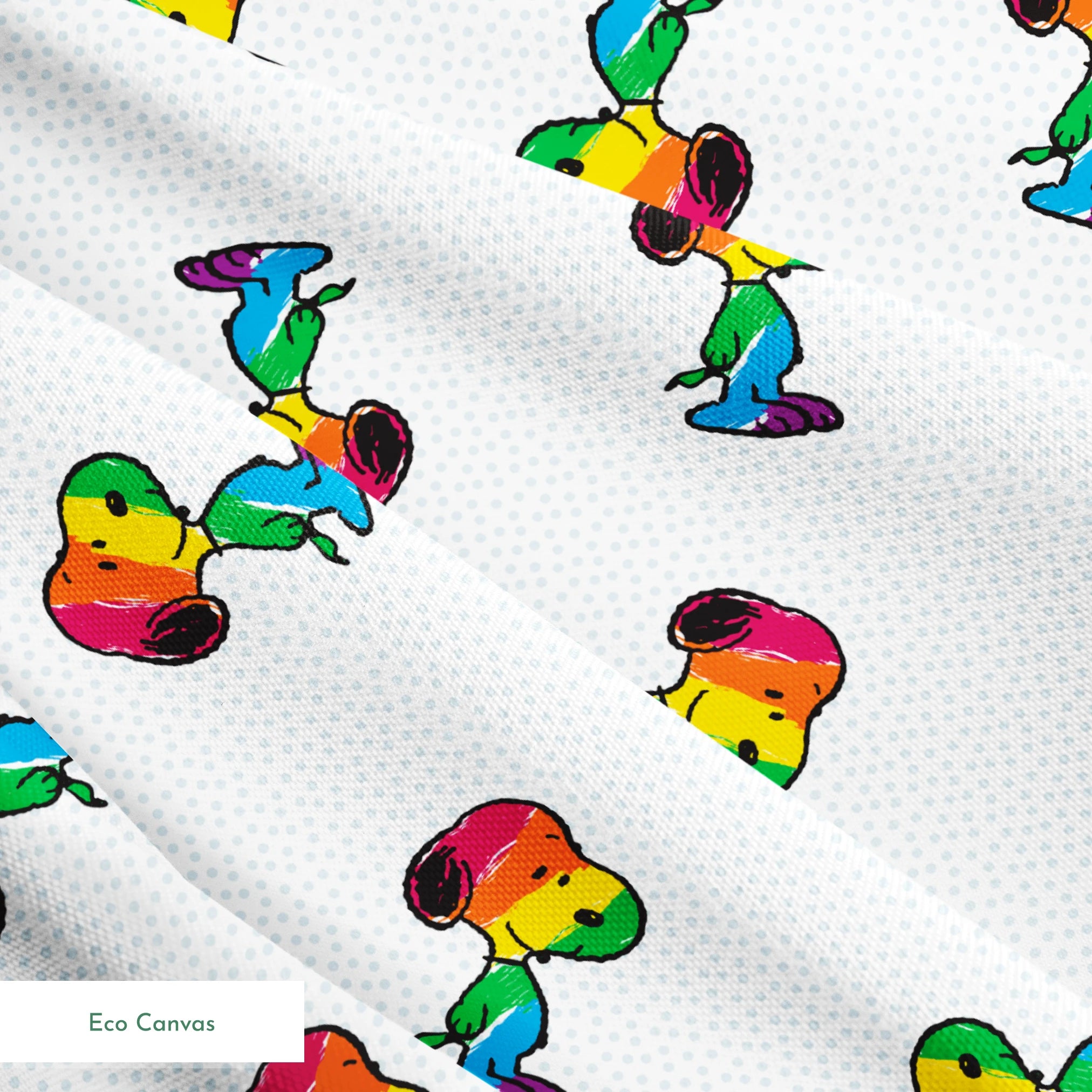 Colorful rainbow Snoopy in various poses on a dotted white background springs ecocanvas texture