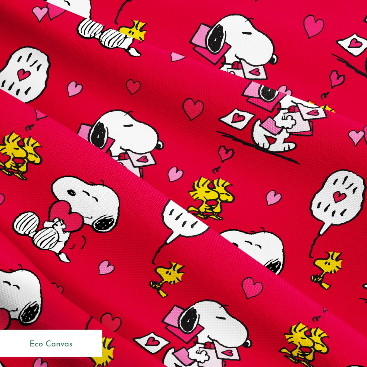 Snoopy and Woodstock pattern with hearts on bright red background, Valentine's theme springs ecocanvas texture