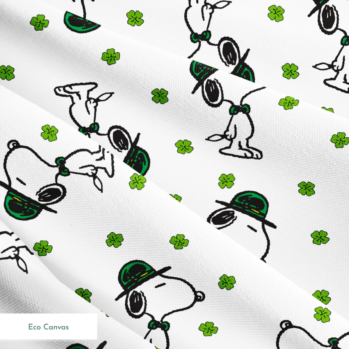 Cartoon Snoopy wearing green hat with shamrocks scattered across white background springs ecocanvas texture
