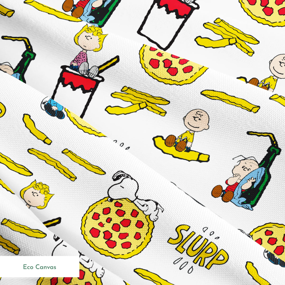 Peanuts cartoon characters with pizza, hot dogs, and "SLURP" text in a repeating pattern springs ecocanvas texture