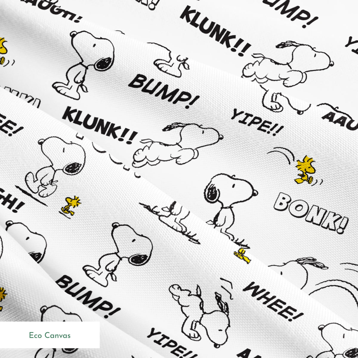 Comic-style pattern of Snoopy and Woodstock with sound effect words like "BONK!", "KLUNK!" and "BUMP!" in black and white. springs ecocanvas texture