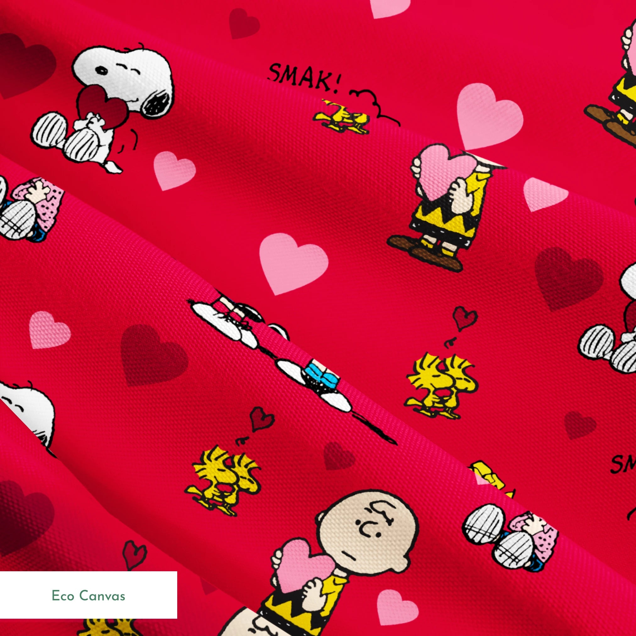 Peanuts characters on red background with hearts; Snoopy, Woodstock, and others in Valentine's theme springs ecocanvas texture