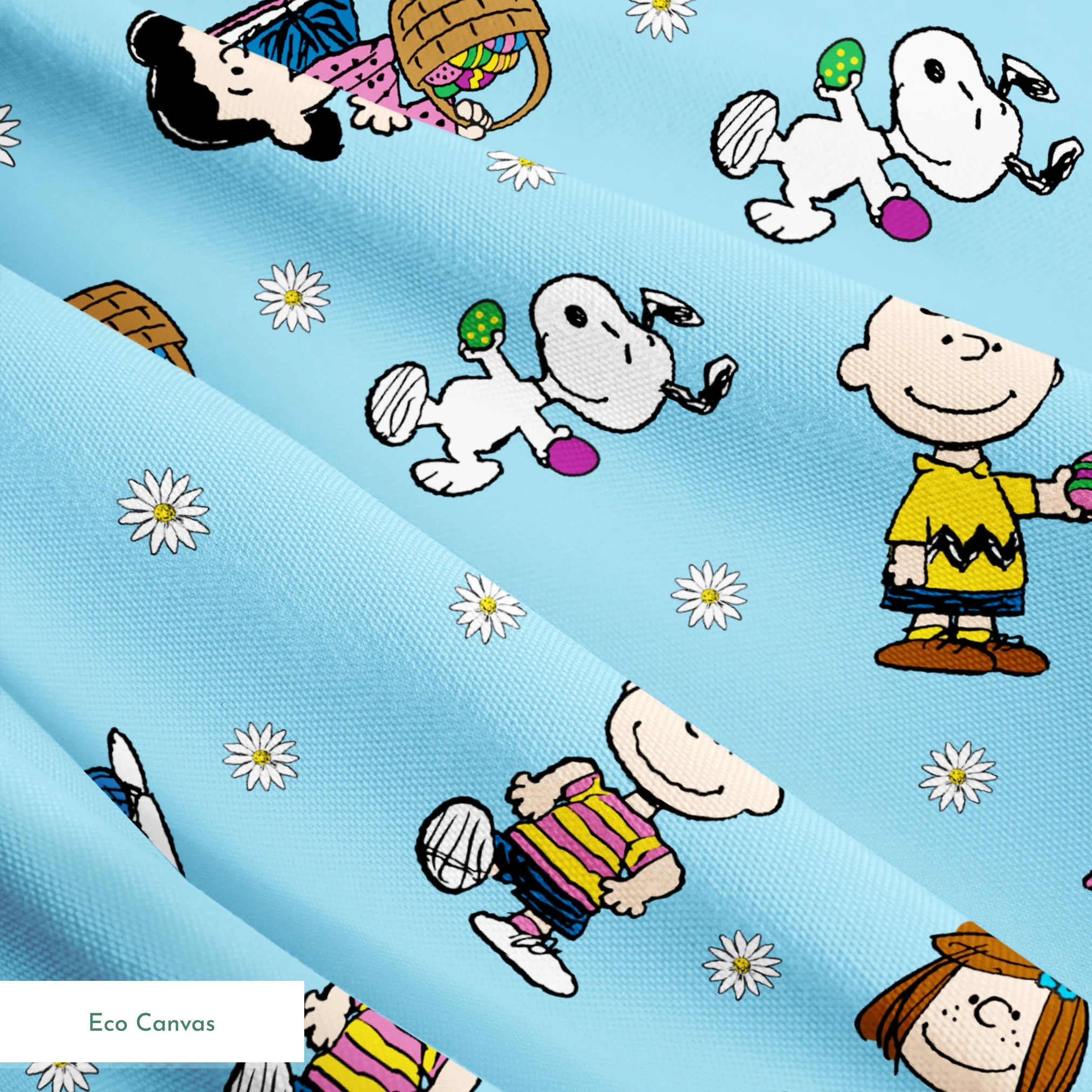 Peanuts cartoon characters scattered on light blue background with white daisies pattern springs ecocanvas texture