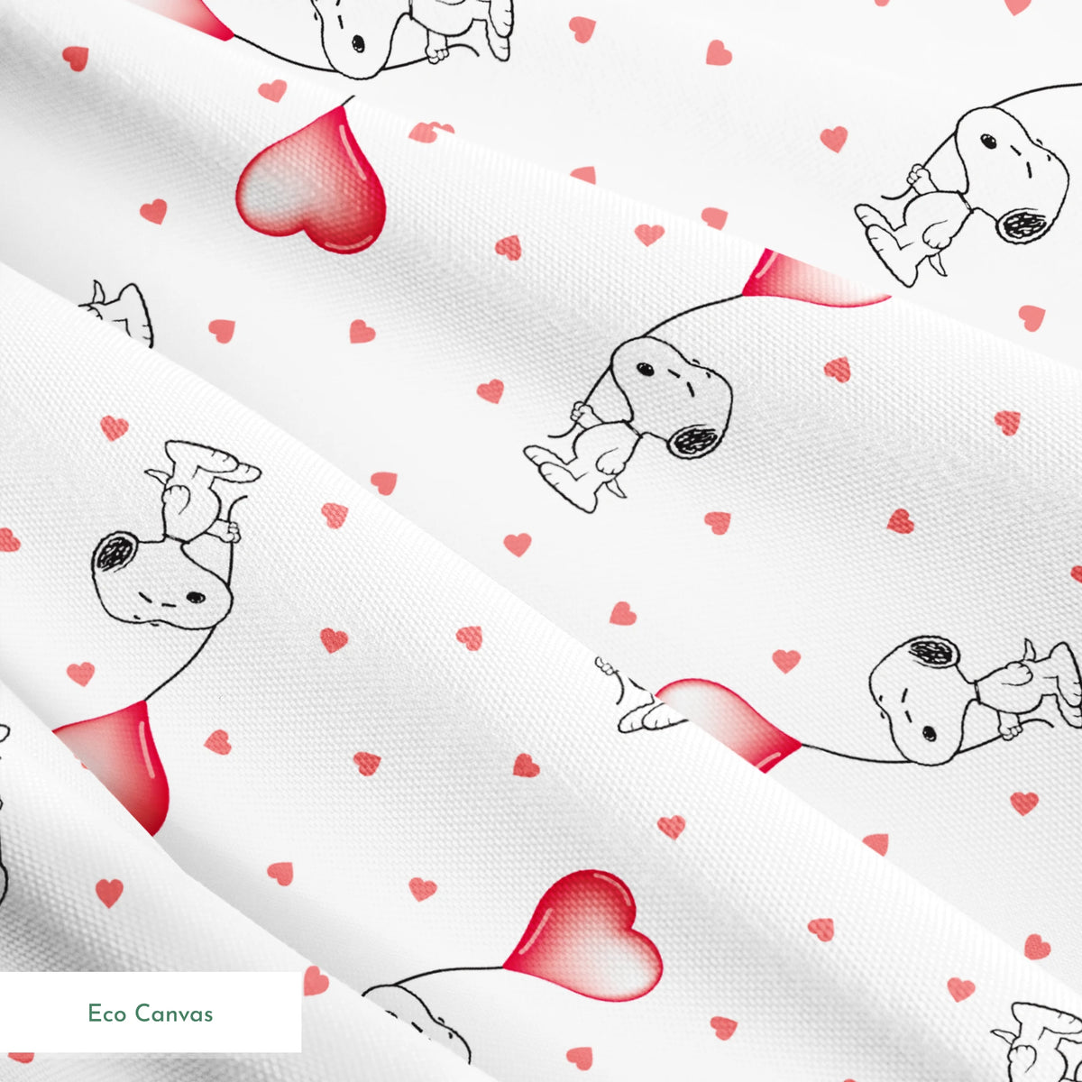 Cute Snoopy holding heart-shaped balloons with small hearts scattered on white background springs ecocanvas texture