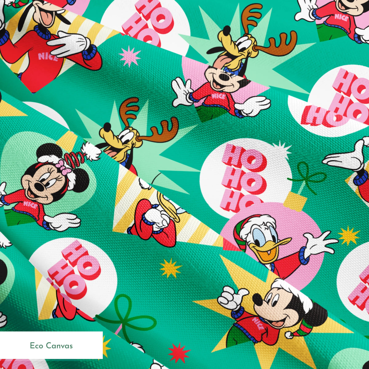 Festive Disney characters on green holiday pattern with "Ho Ho Ho" text and Christmas ornaments springs ecocanvas texture