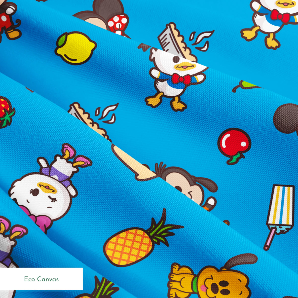 Mickey, friends, and food items pattern on blue background, featuring Mickey, Minnie, Donald, and fruit icons springs ecocanvas texture