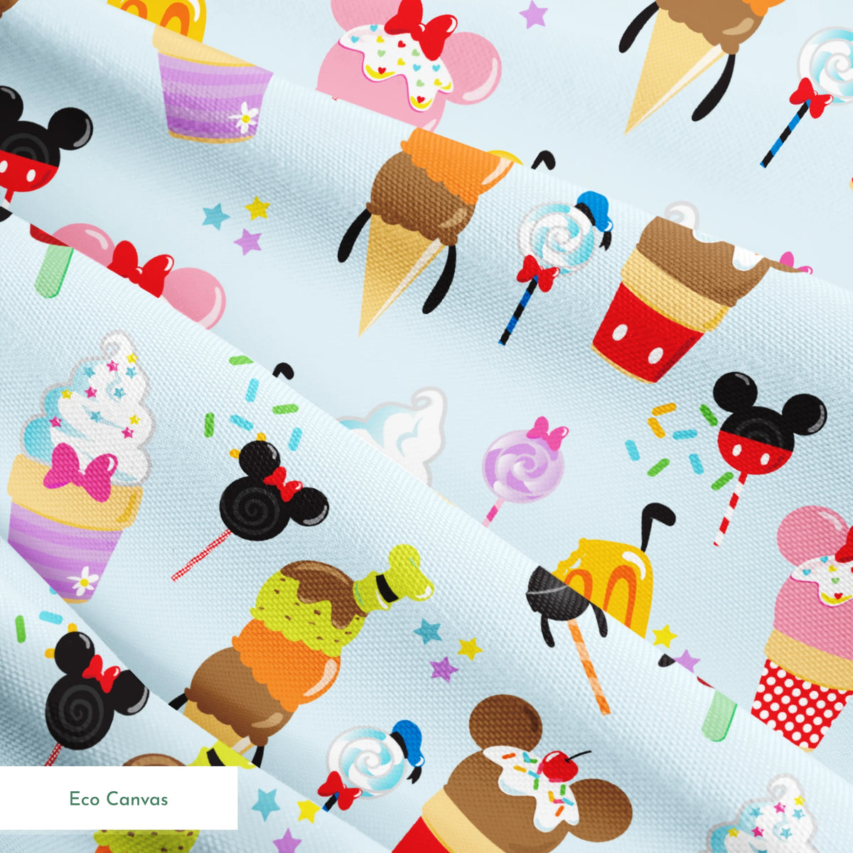 Disney-themed ice cream and sweet treats pattern with Mickey and Minnie icons on light blue background springs ecocanvas texture