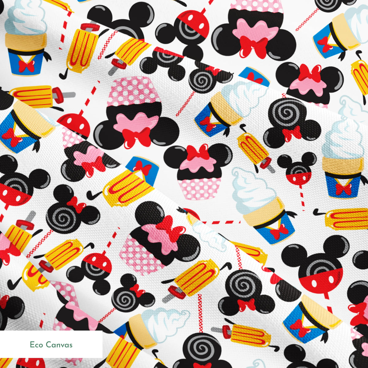 Disney-inspired pattern with ice cream cones and colorful swirled decorative elements on white background springs ecocanvas texture