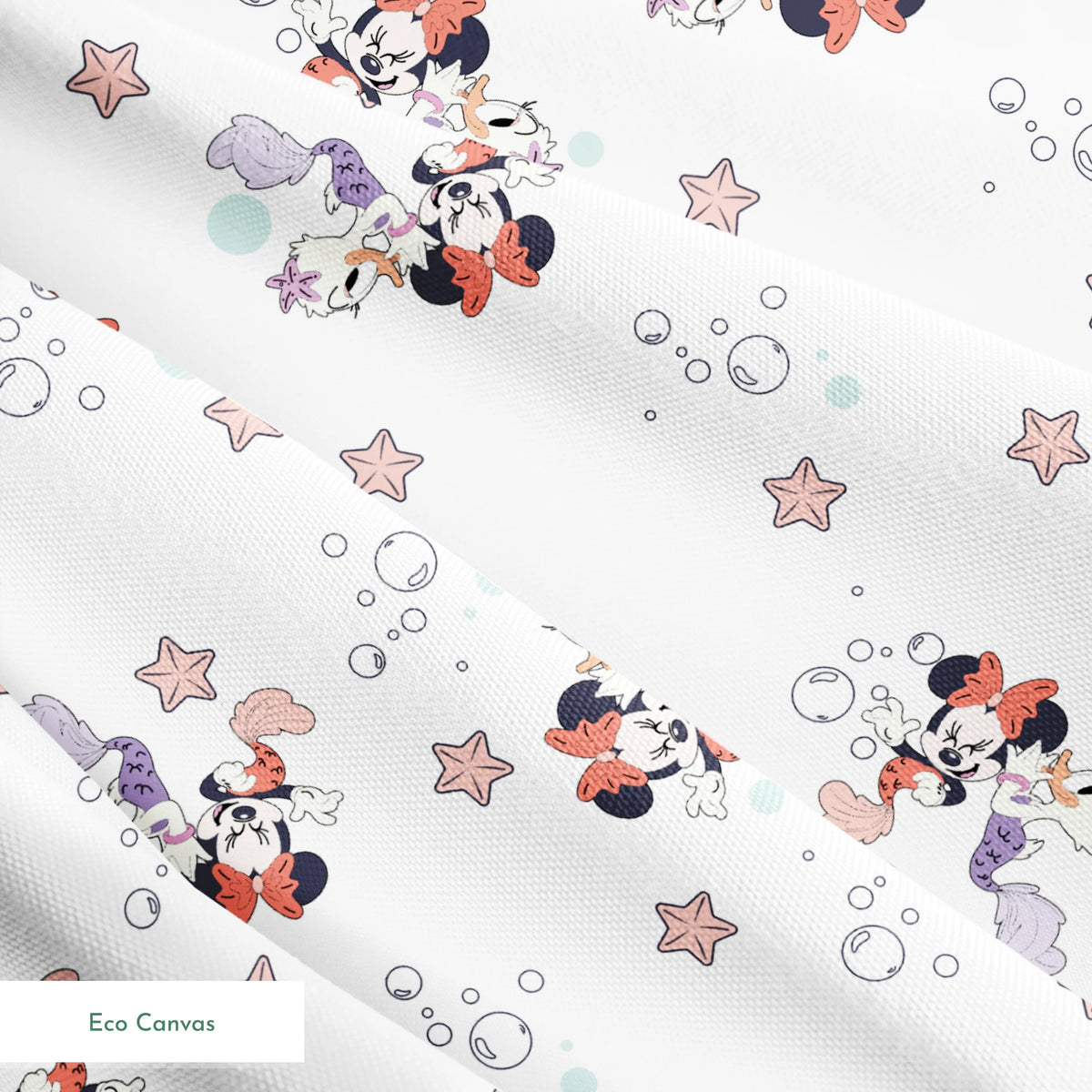 Minnie Mouse pattern with pastel stars and bubbles on white background, playful cartoon style springs ecocanvas texture