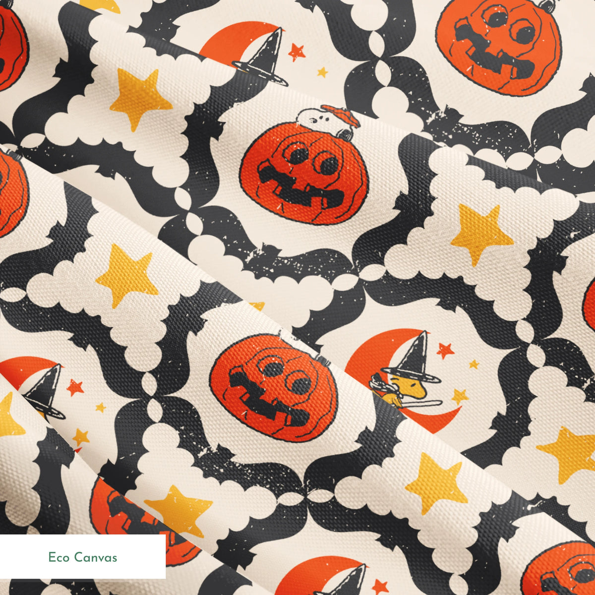 Peanuts Halloween pattern with orange jack-o'-lanterns, crescent moons with witch hats, yellow stars, and black bat borders on cream background springs ecocanvas texture