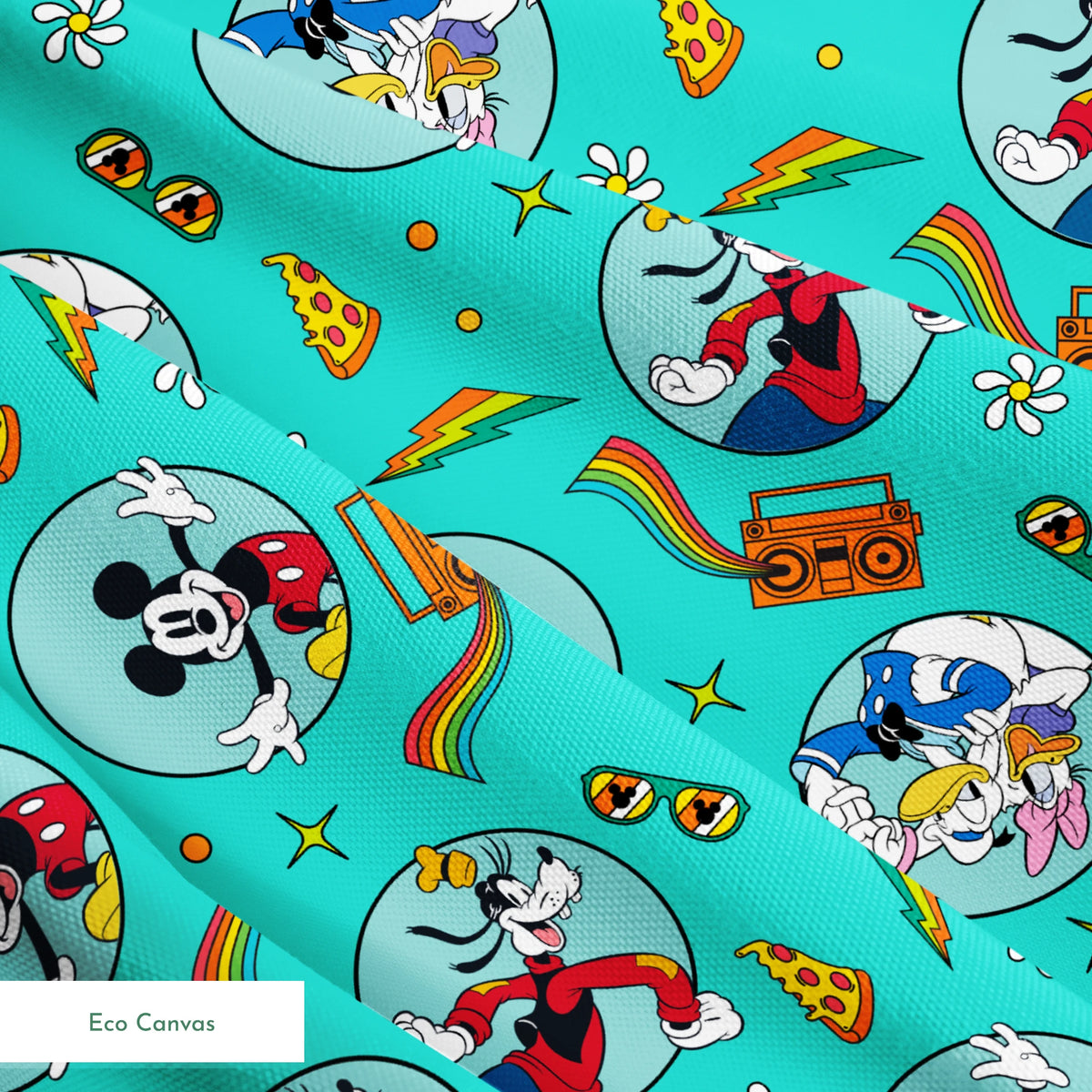 Colorful Mickey Mouse and friends pattern with pizza, boomboxes, sunglasses on teal background springs ecocanvas texture