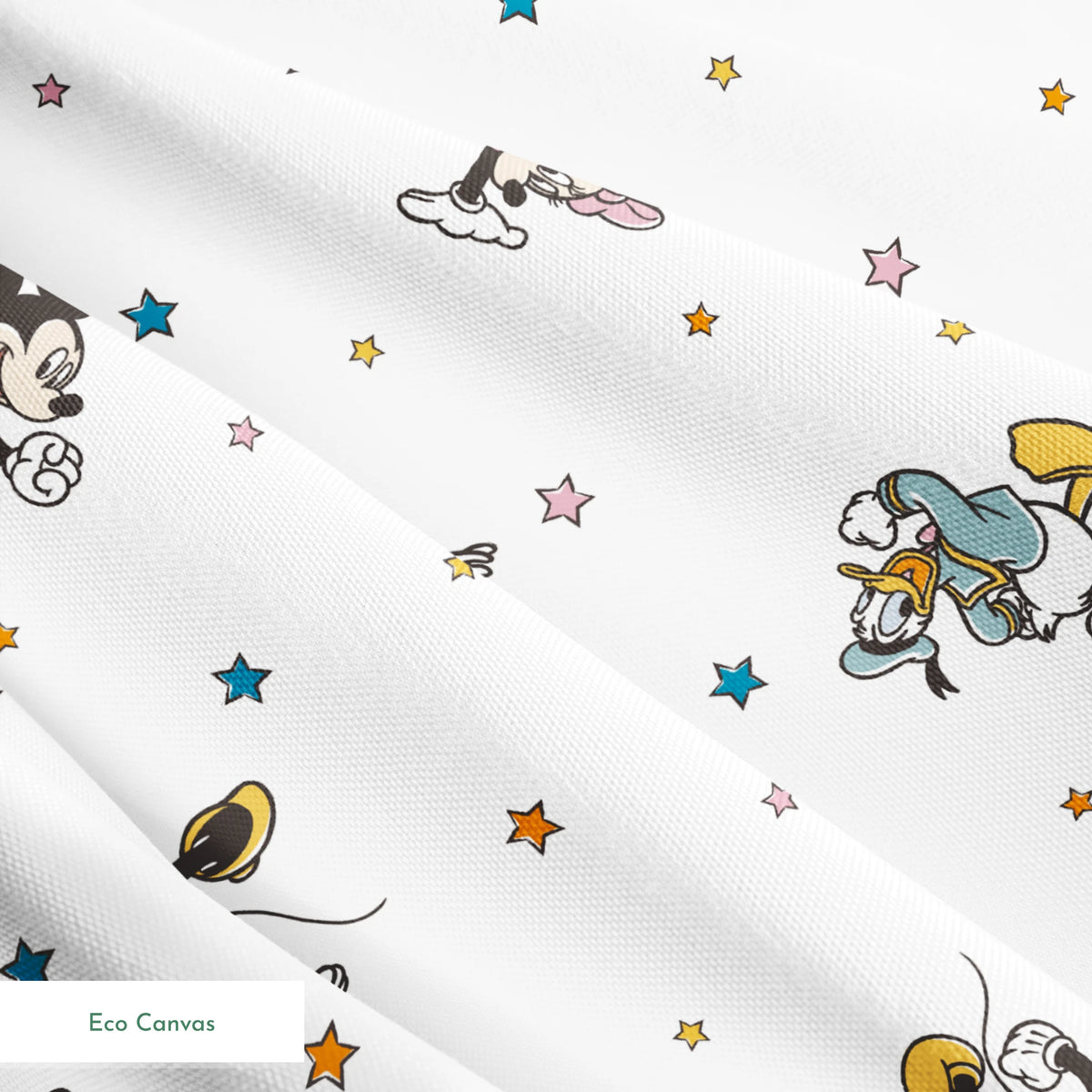 Disney characters pattern with Mickey Mouse and unicorns on white background with colorful stars springs ecocanvas texture