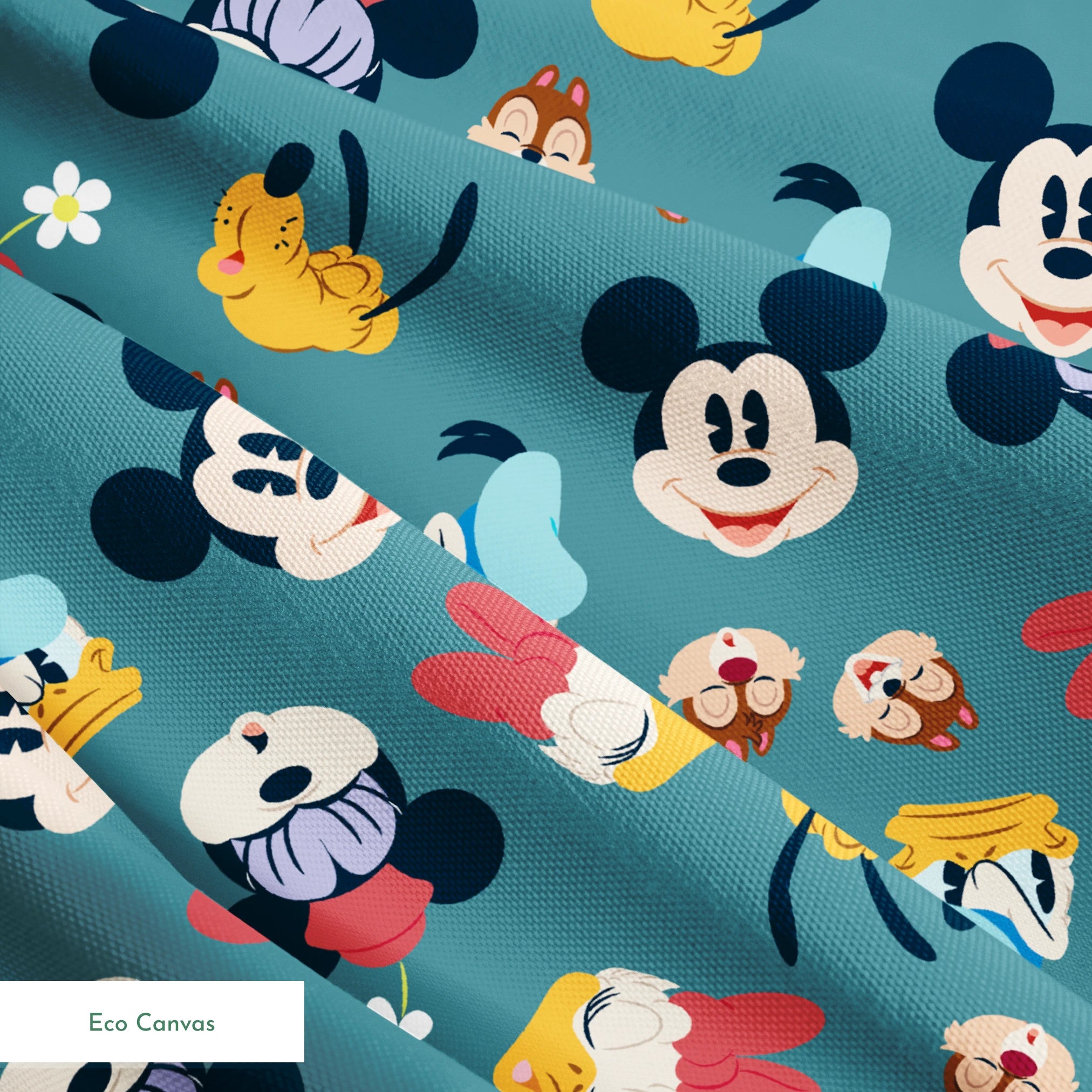 Disney cartoon characters pattern with Mickey Mouse, Donald Duck, and Pluto on teal background with small flowers springs ecocanvas texture