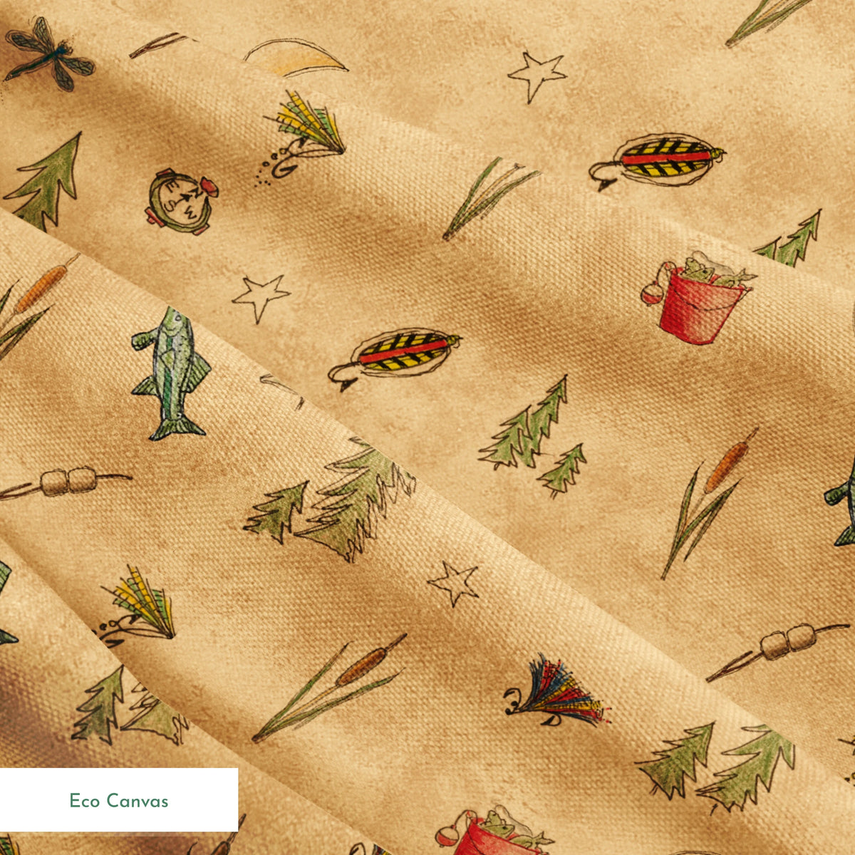 Outdoor camping pattern with tents, trees, lanterns, and nature elements on beige background springs ecocanvas texture