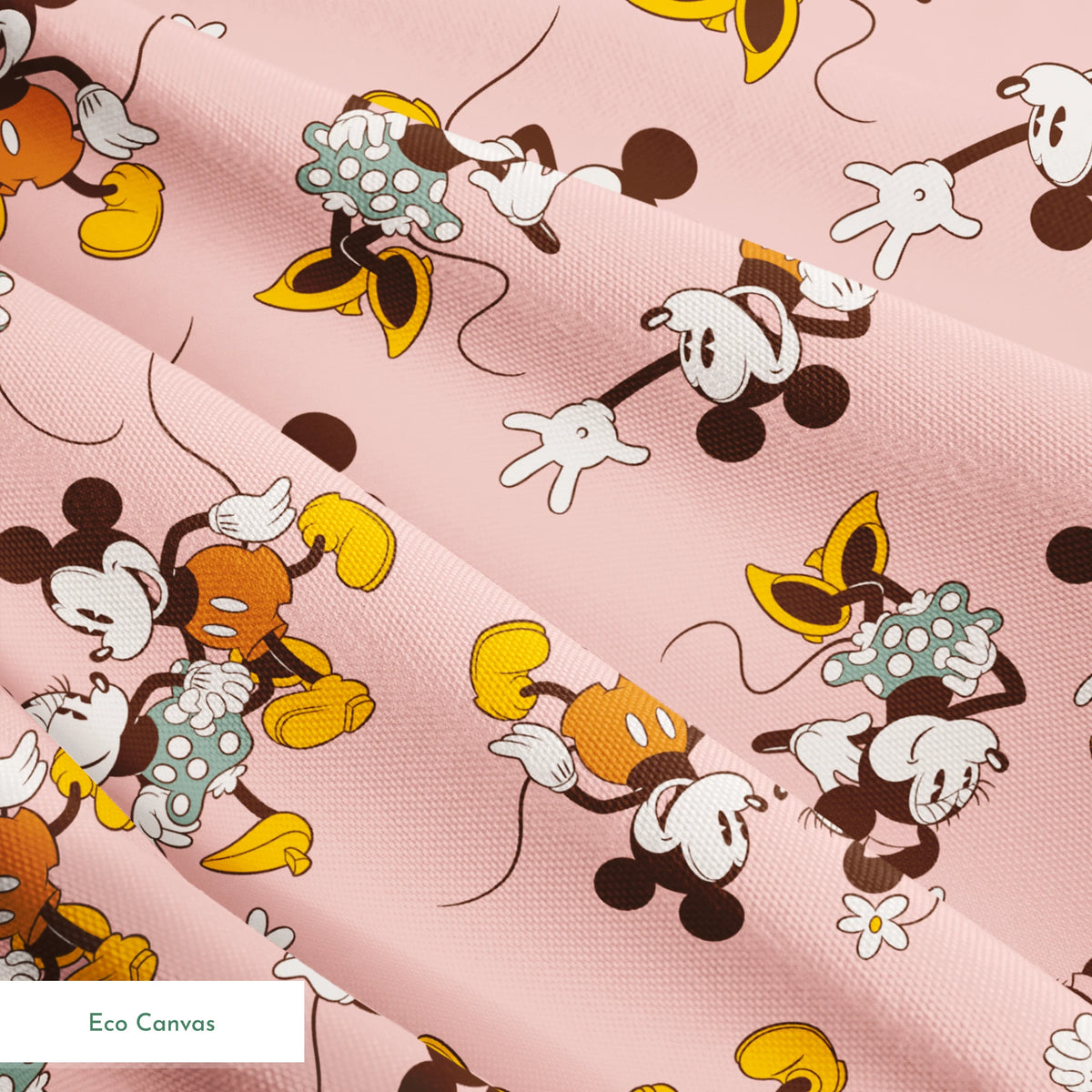 Mickey and Minnie Mouse characters in vintage style on pink background with repeated pattern springs ecocanvas texture