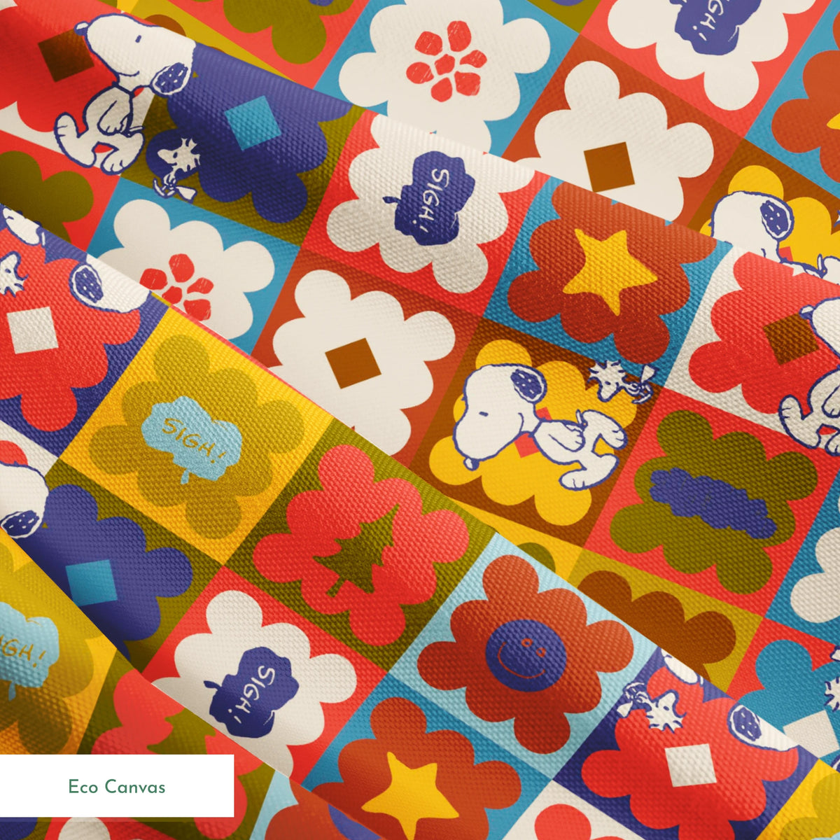 Colorful patchwork pattern featuring Snoopy characters in various squares with flowers, geometric shapes, and decorative elements springs ecocanvas texture
