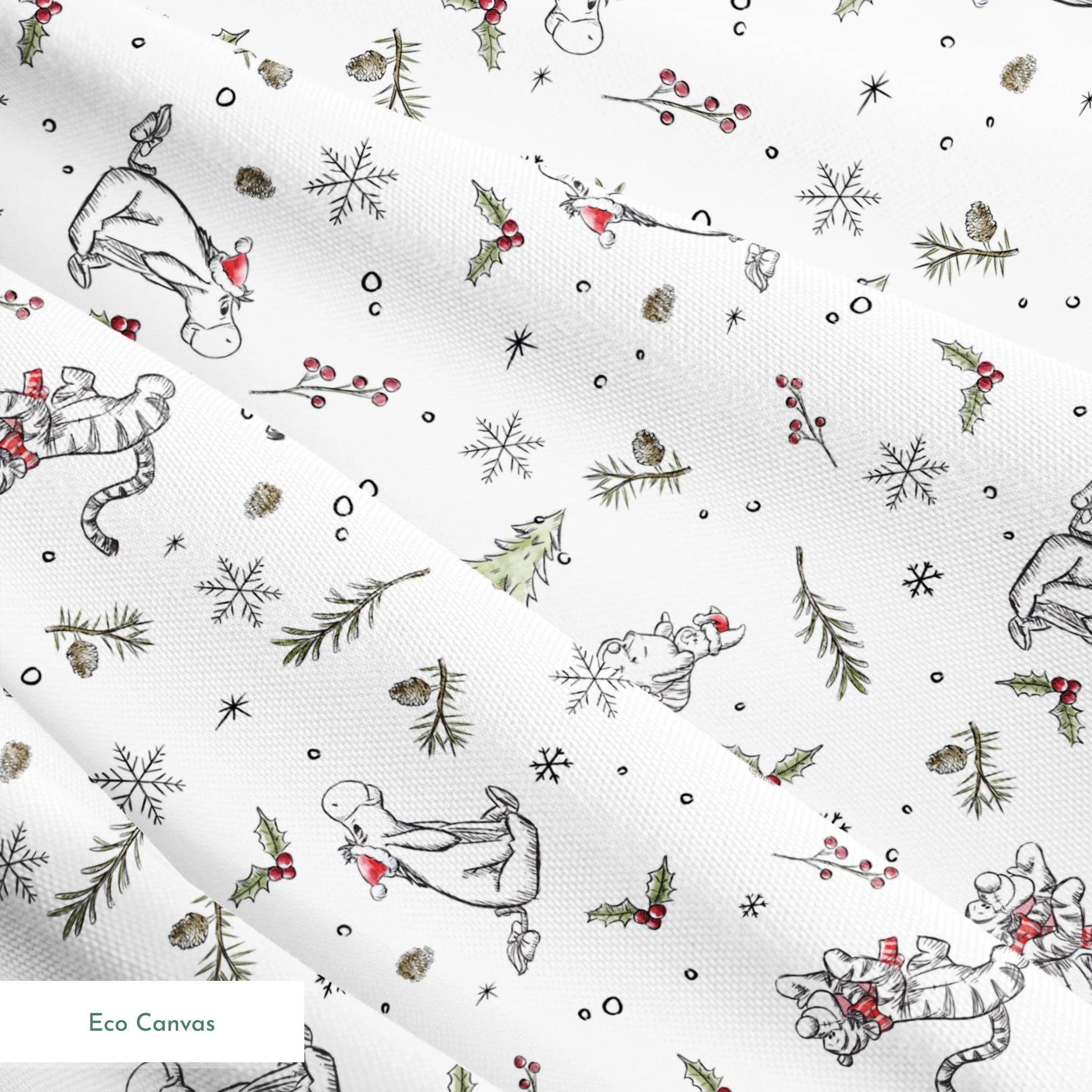 Delicate white winter pattern with cartoon mice, pine trees, holly berries, and snowflakes springs ecocanvas texture